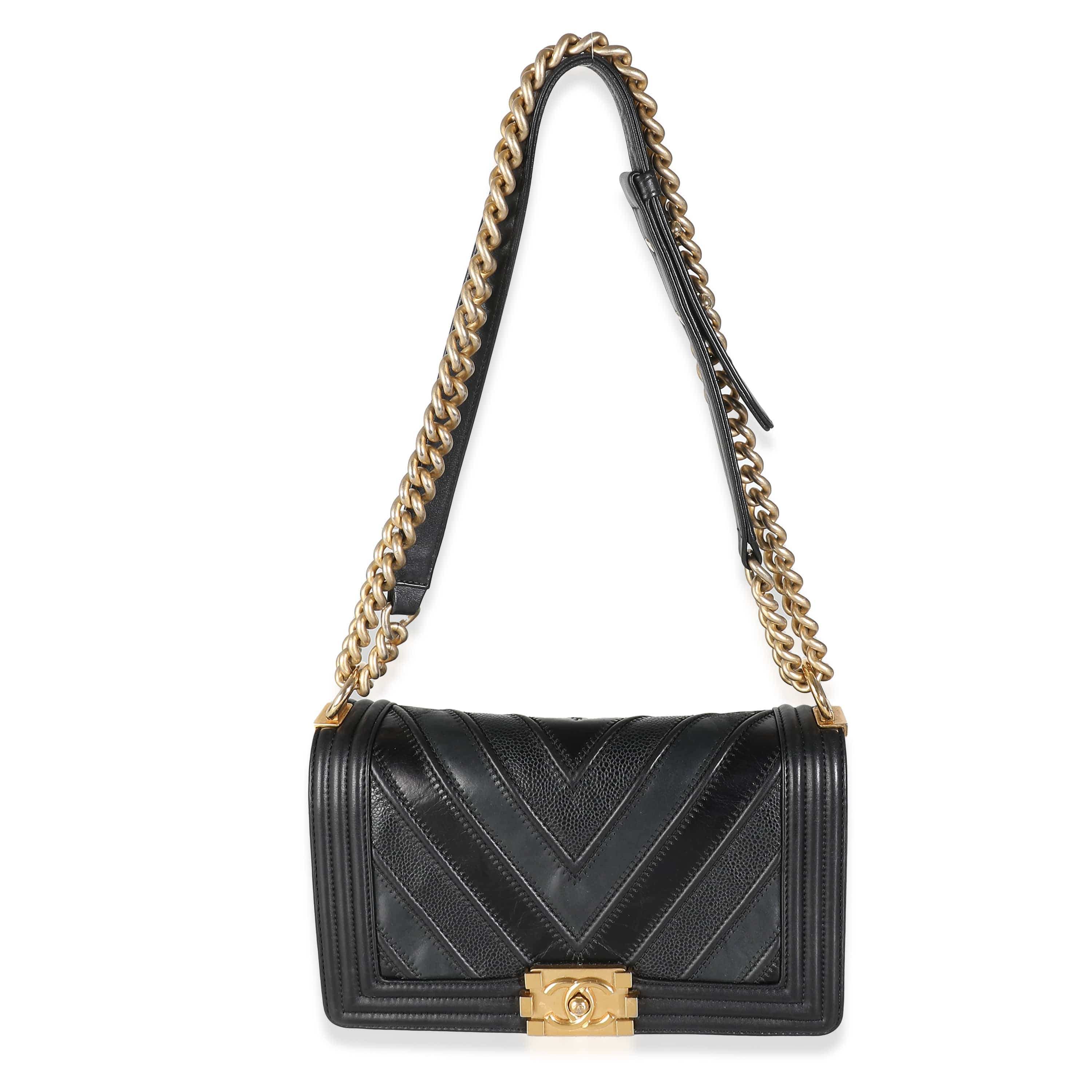 Chanel Chanel Black Calfskin Caviar In The Mix Chevron Old Medium Boy Bag