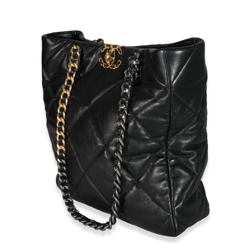 CHANEL Lambskin Quilted Chanel 19 East West Shopping Bag Black