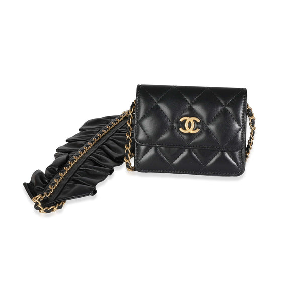 Chanel Chanel Black Quilted Lambskin Ruffled Card Holder On Chain