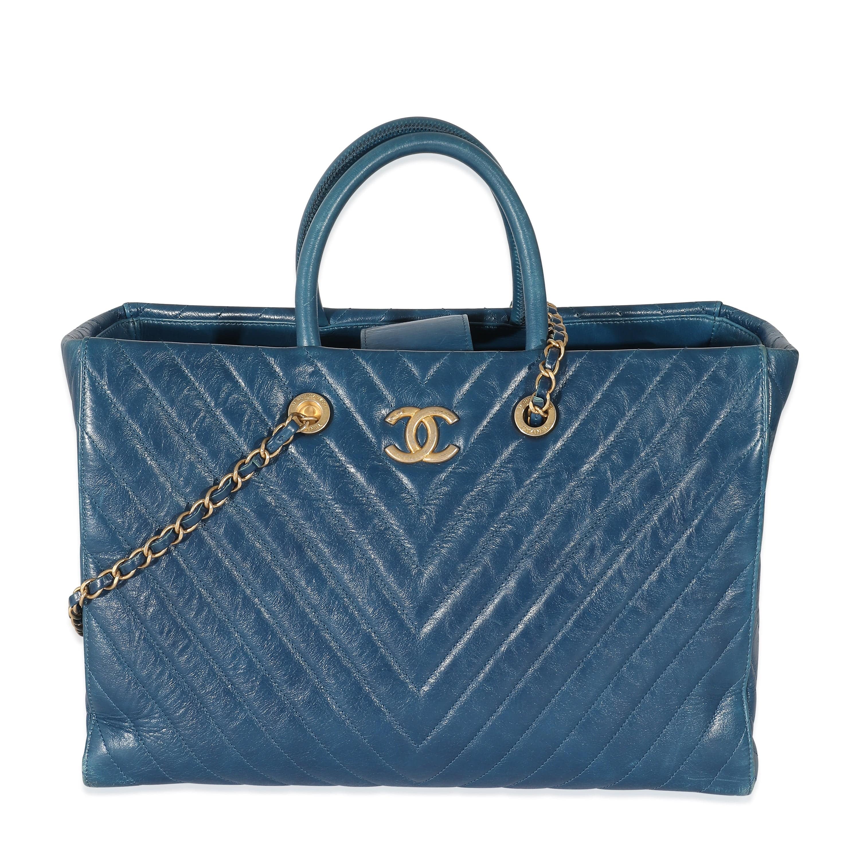 Chanel Chanel Blue Aged Calfskin Chevron Large Coco Handle Shopping Tote