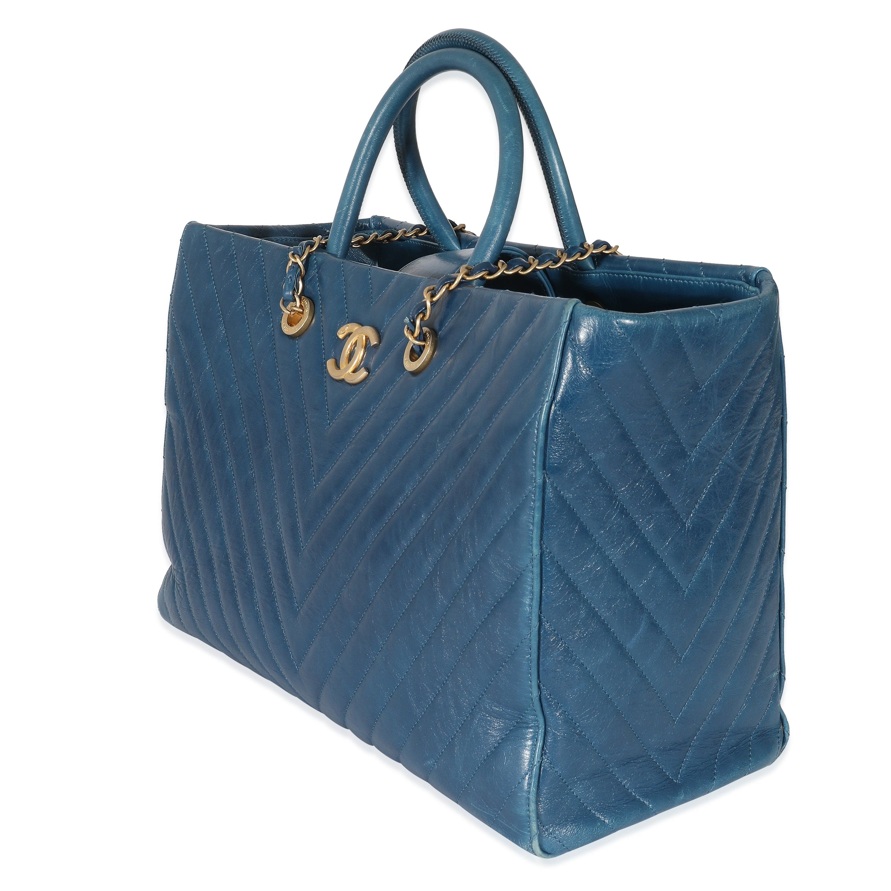 Chanel Chanel Blue Aged Calfskin Chevron Large Coco Handle Shopping Tote