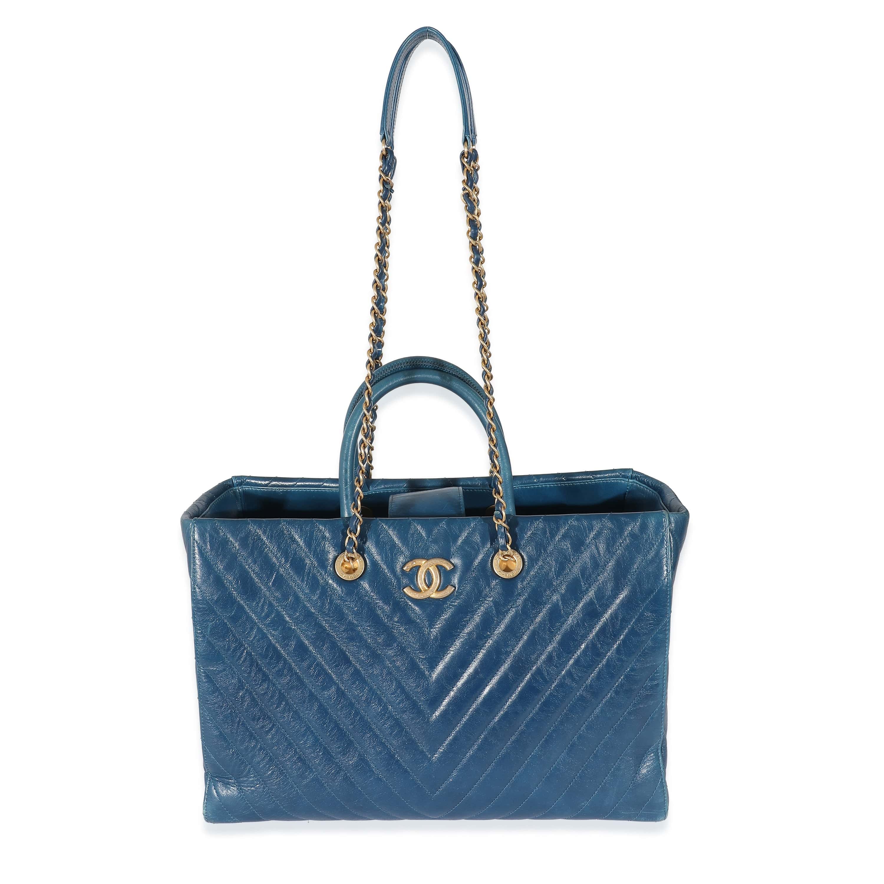 Chanel Blue Aged Calfskin Chevron Large Coco Handle Shopping Tote Luxury Promise