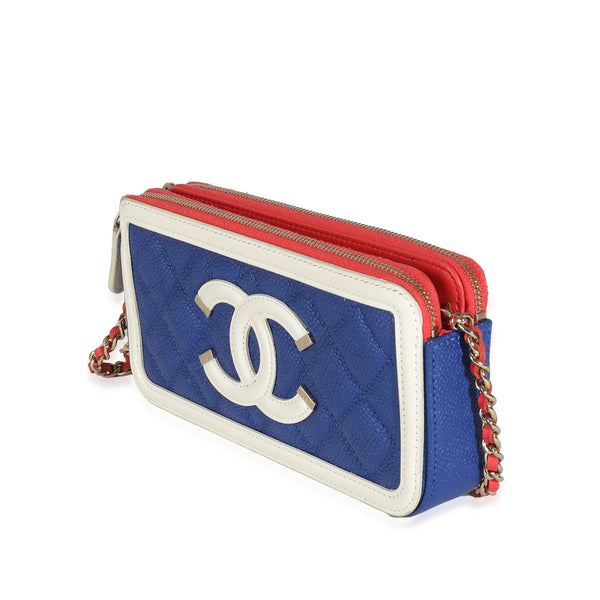 Chanel Chanel Blue White Red Quilted Caviar Double Zip Filigree Clutch
