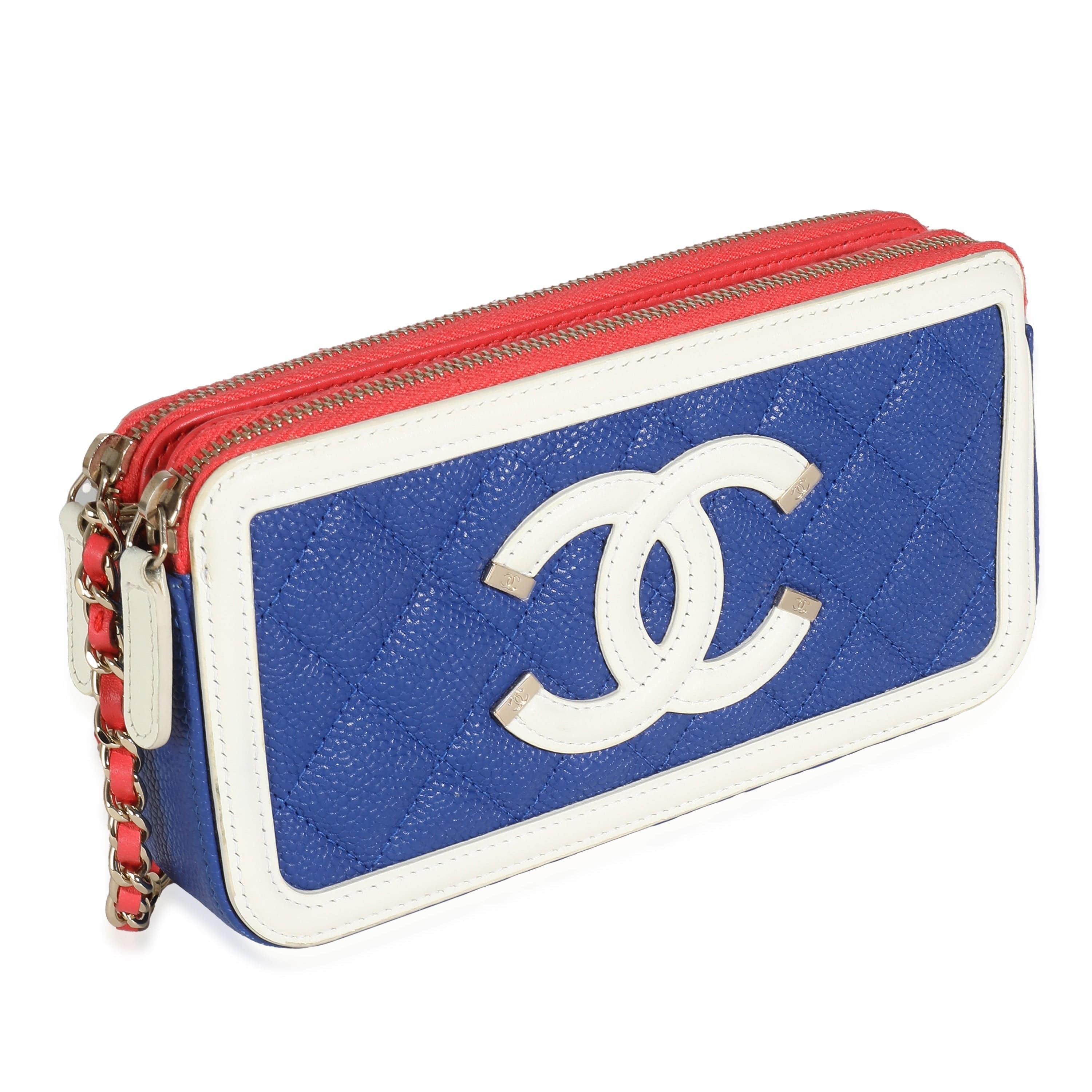 Chanel Chanel Blue White Red Quilted Caviar Double Zip Filigree Clutch