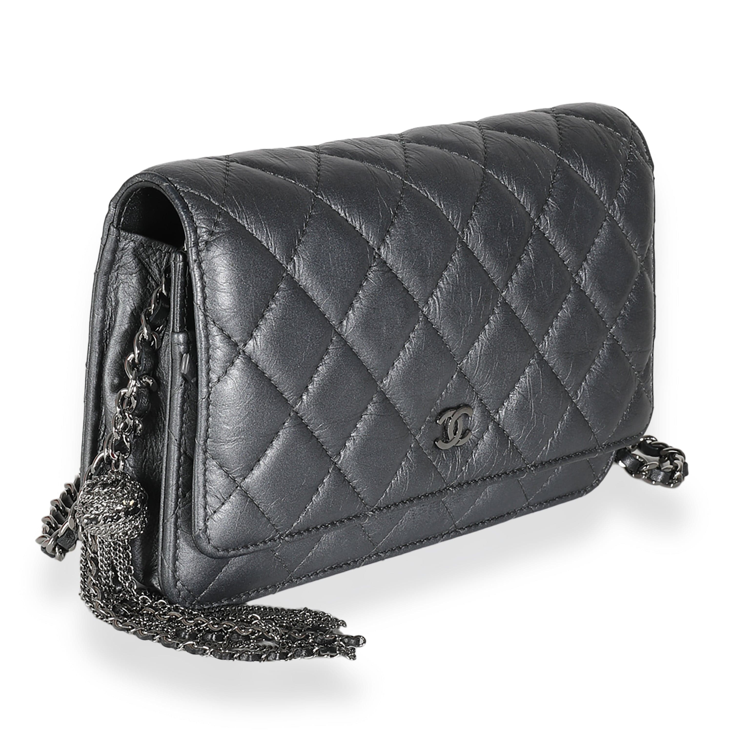 Chanel Chanel Dark Silver Iridescent Aged Calfskin Quilted Tassel Wallet On Chain