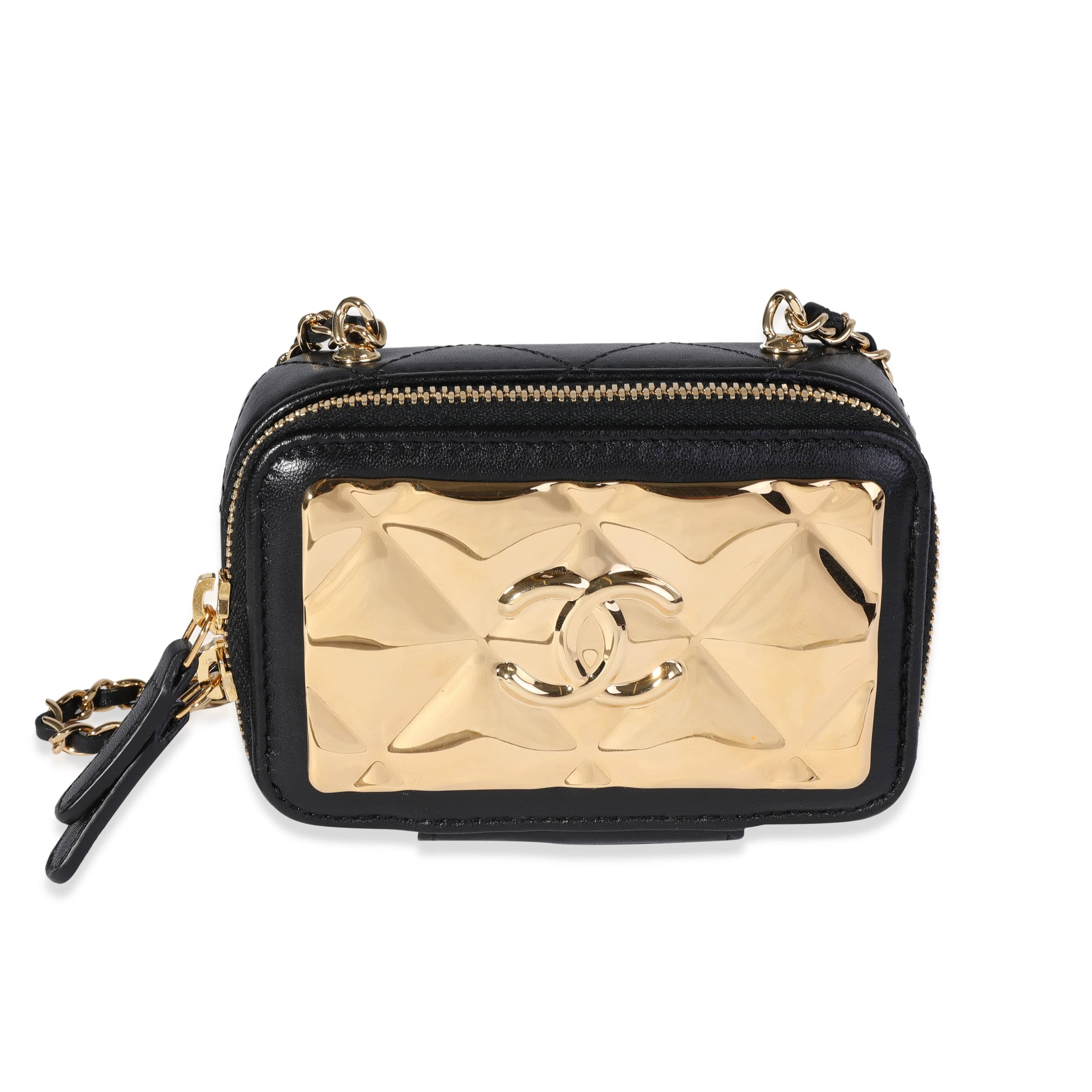 Chanel Chanel Gold Quilted Metal & Black Lambskin Mini Vanity Bag
