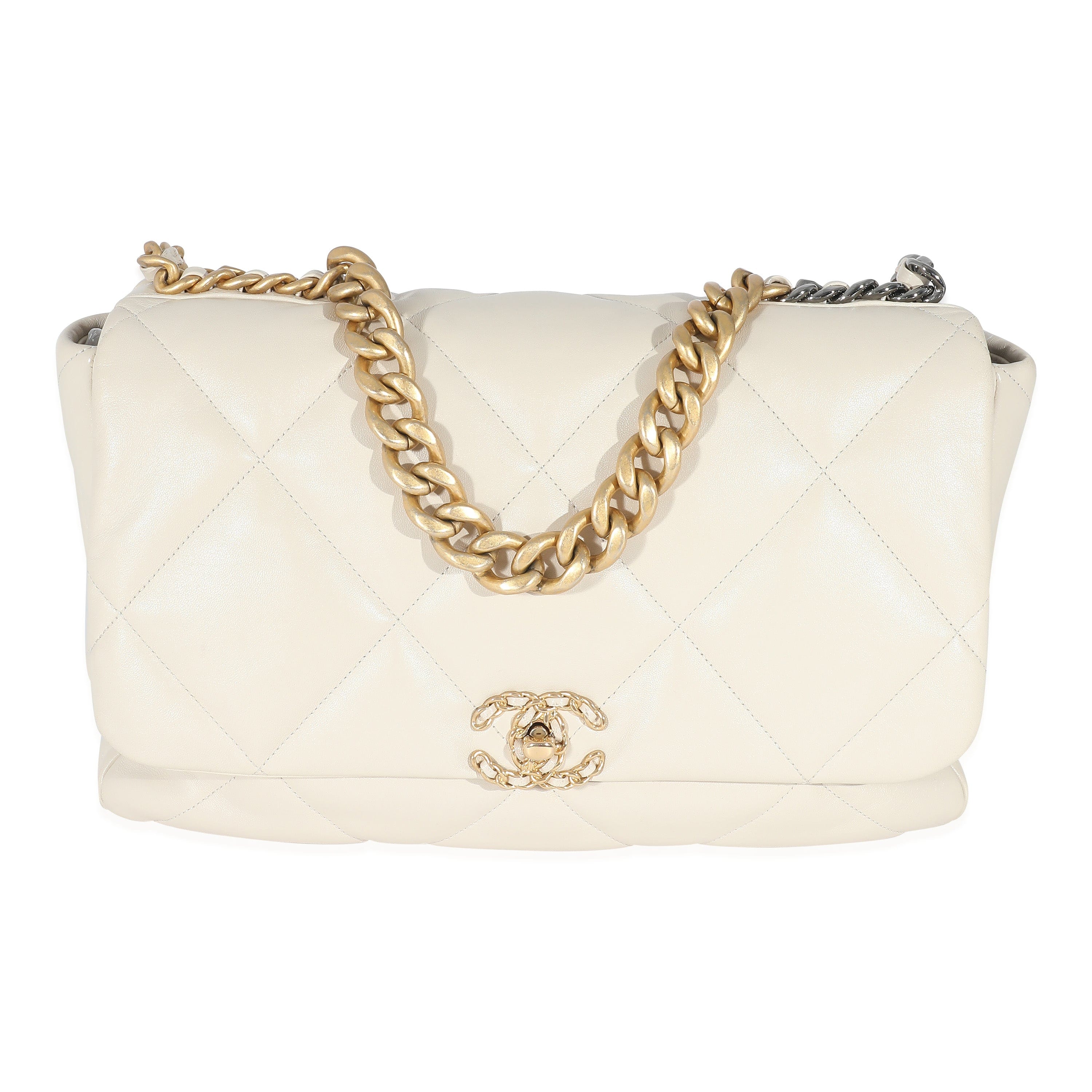 Chanel Chanel Ivory Shiny Quilted Lambskin Maxi Chanel 19 Flap Bag