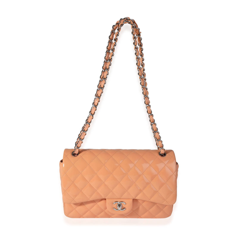 Chanel Peach Quilted Patent Leather Classic Jumbo Double Flap Bag