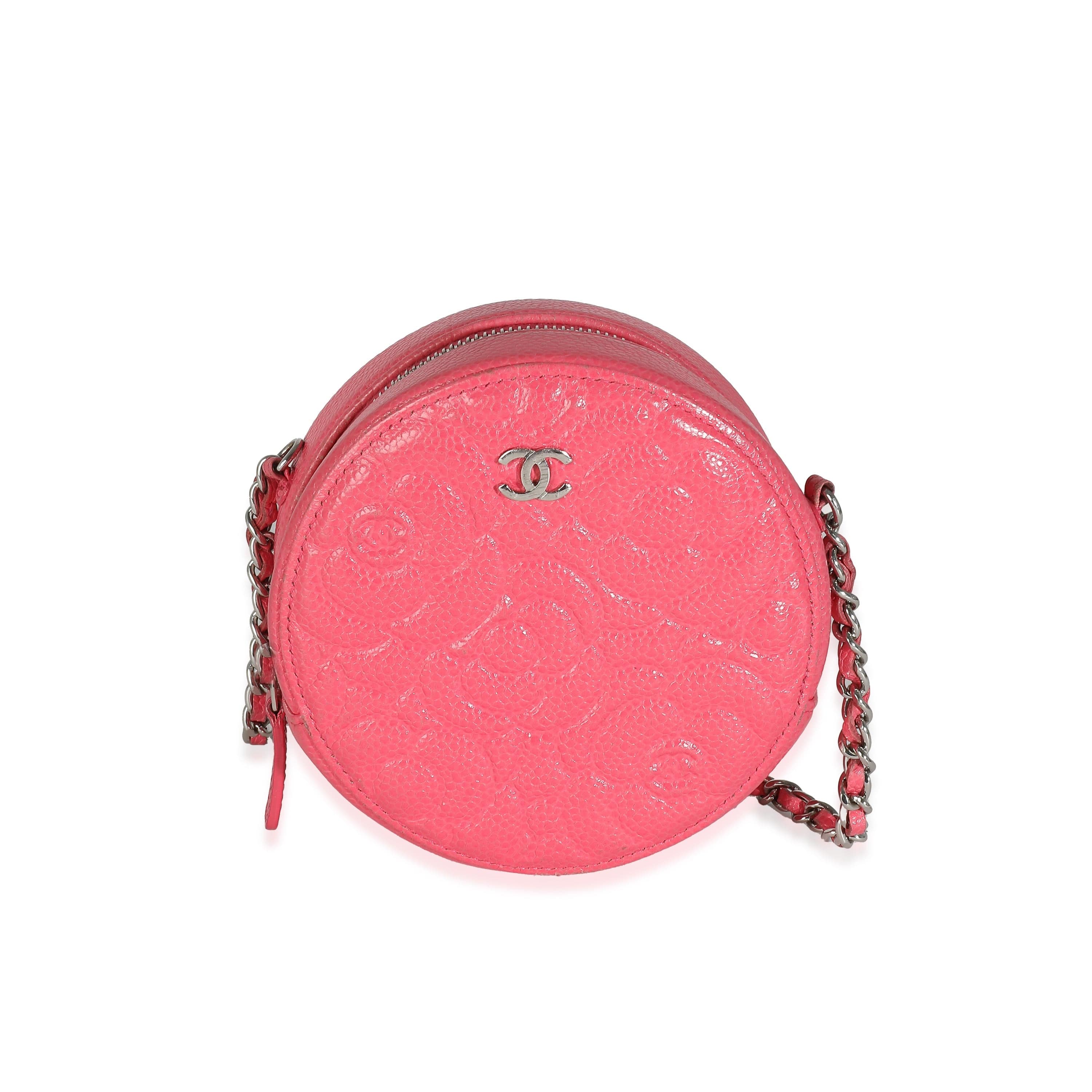 Chanel Chanel Pink Camellia Embossed Caviar Round Mini Pouch With Chain