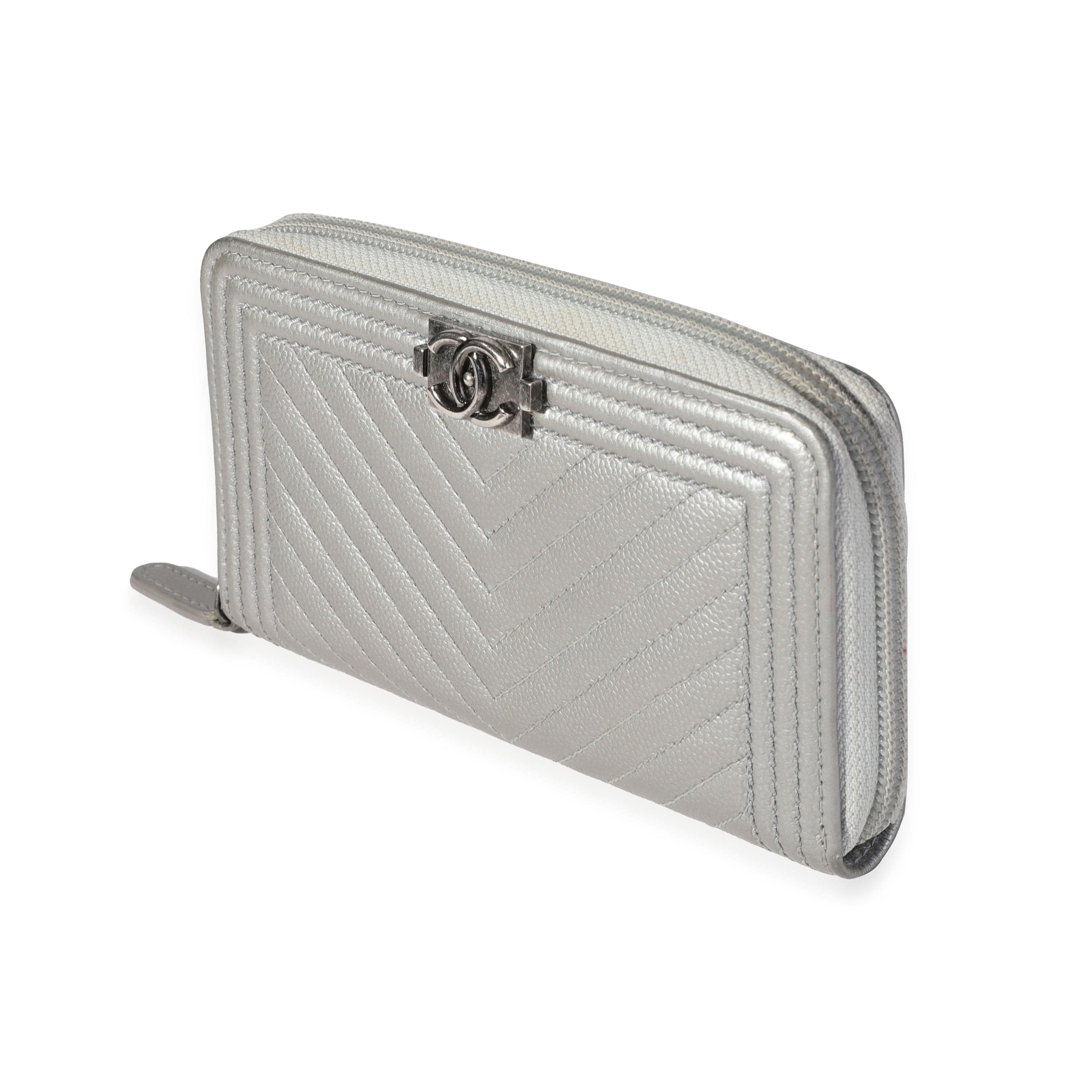 Chanel Chanel Silver Chevron Quilted Zip-Around Boy Wallet