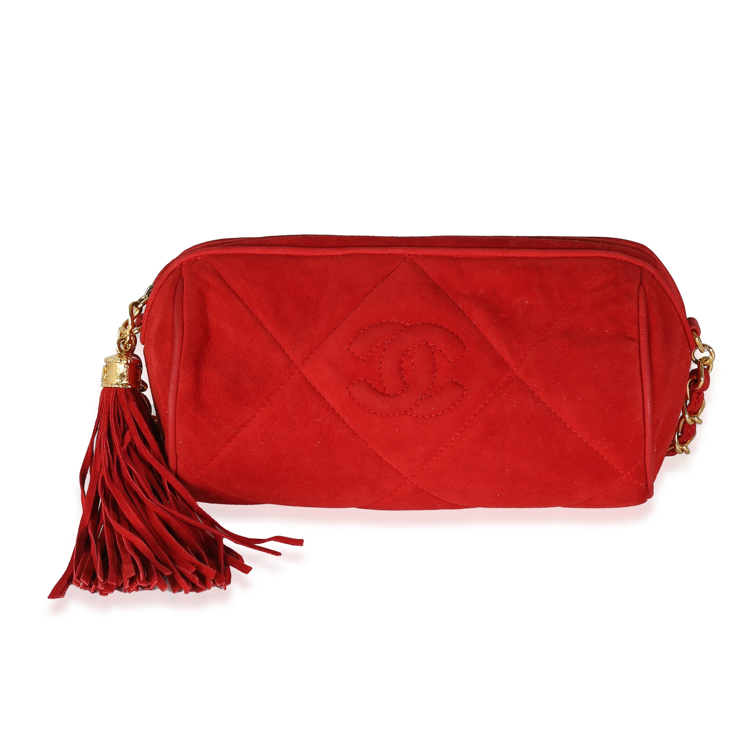 Chanel Chanel Vintage Red Suede Diamond Stitch Tassel Barrel Clutch