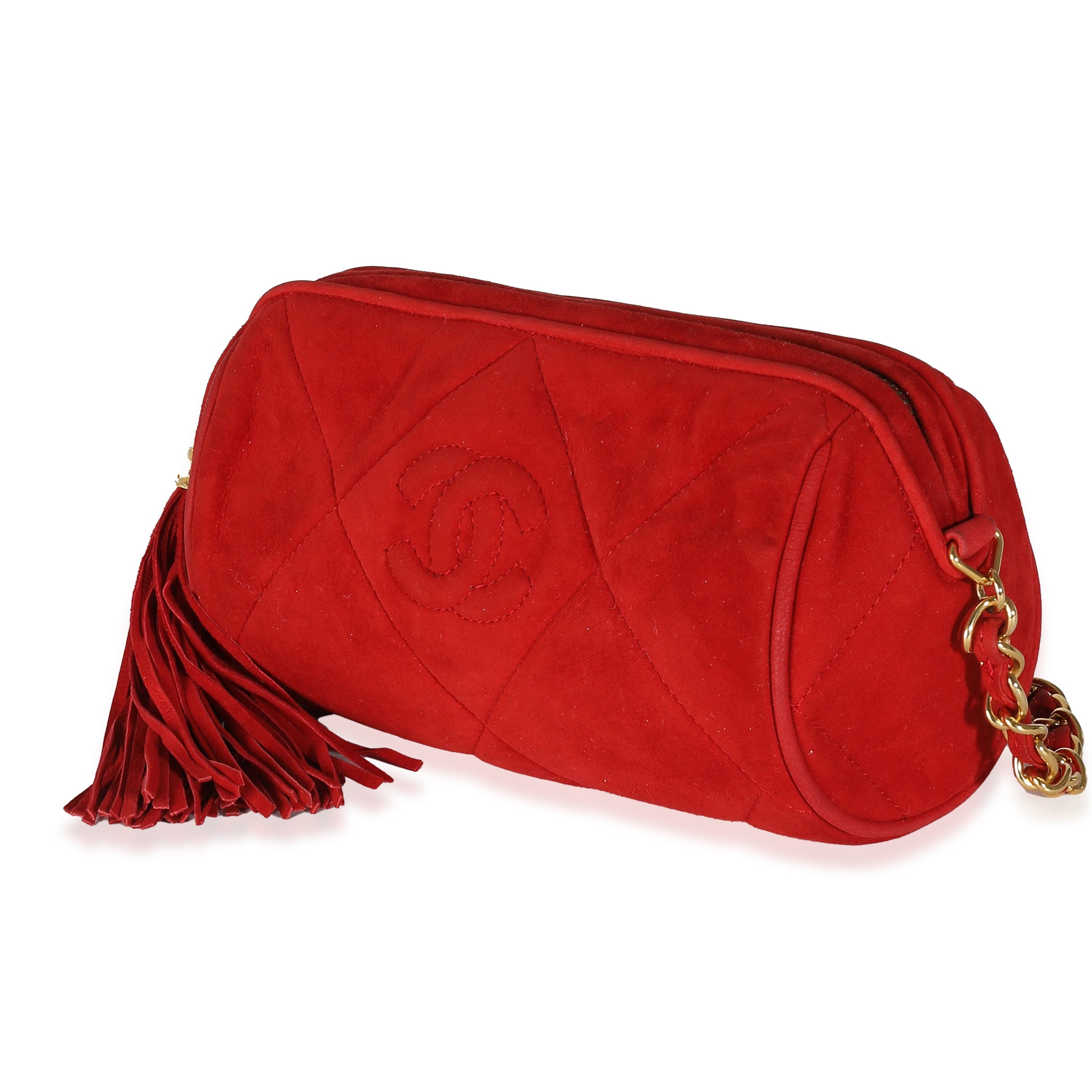 Chanel Chanel Vintage Red Suede Diamond Stitch Tassel Barrel Clutch