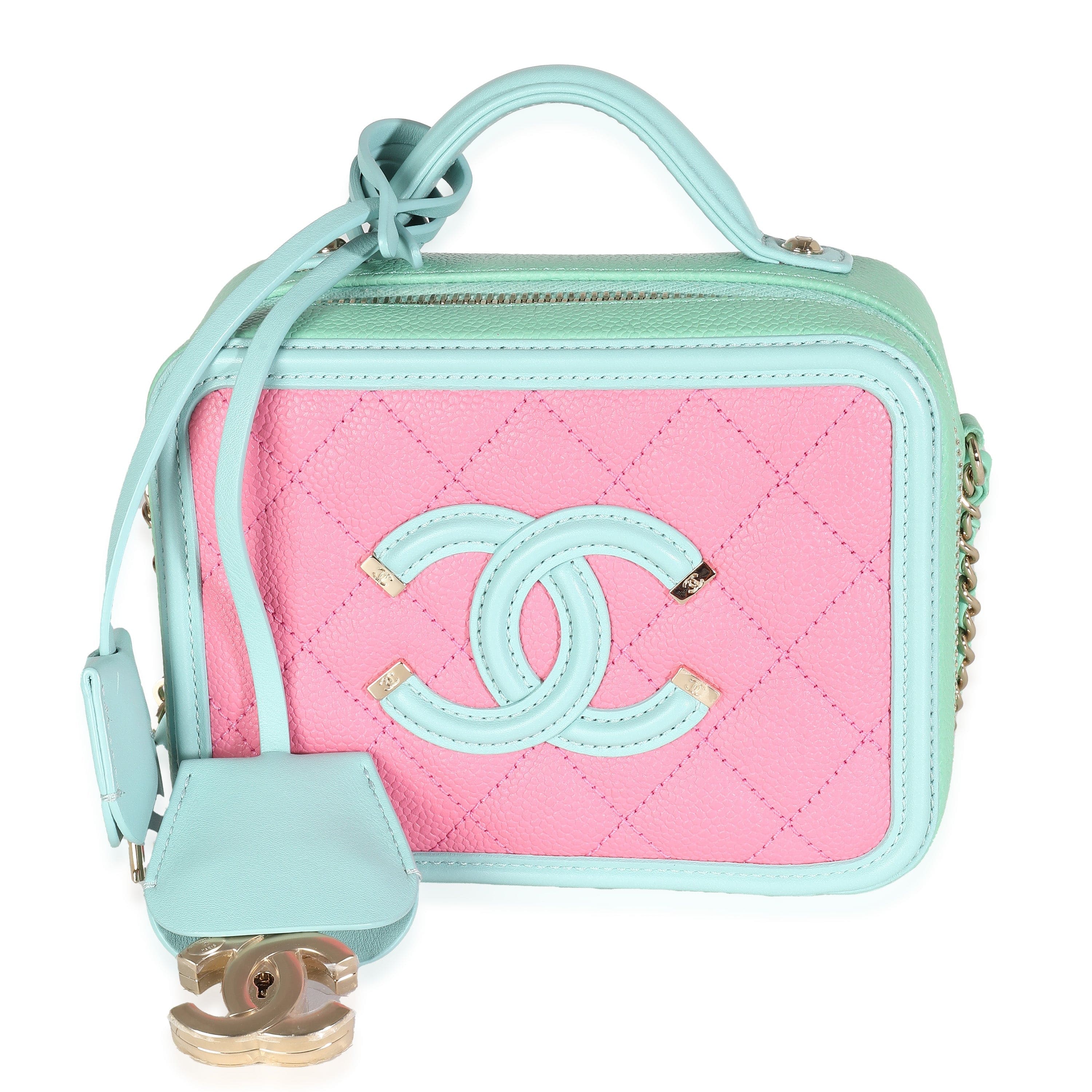 Chanel Pink Green Blue Caviar Quilted Small CC Filigree Vanity Case
