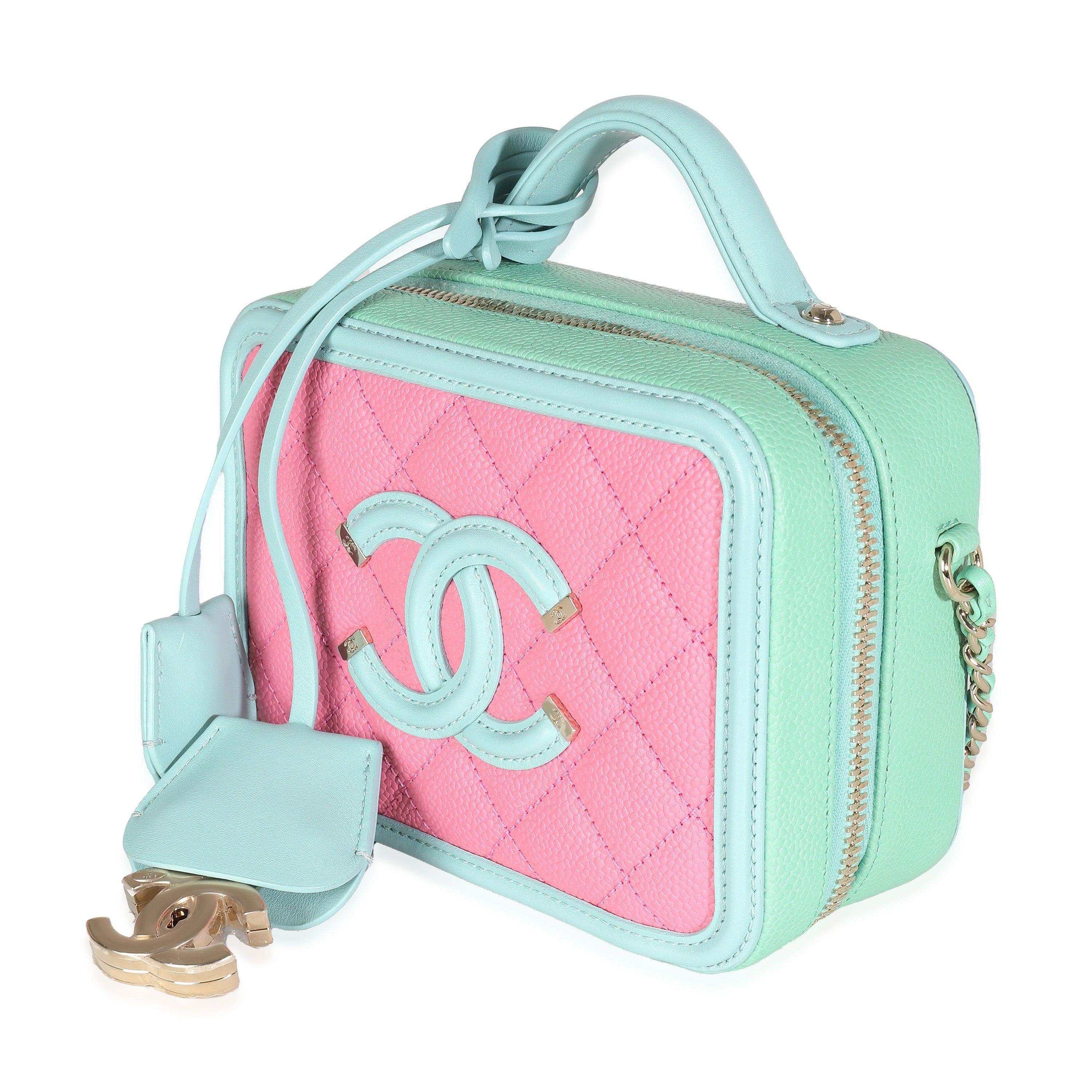 Chanel Pink Green Blue Caviar Quilted Small CC Filigree Vanity Case