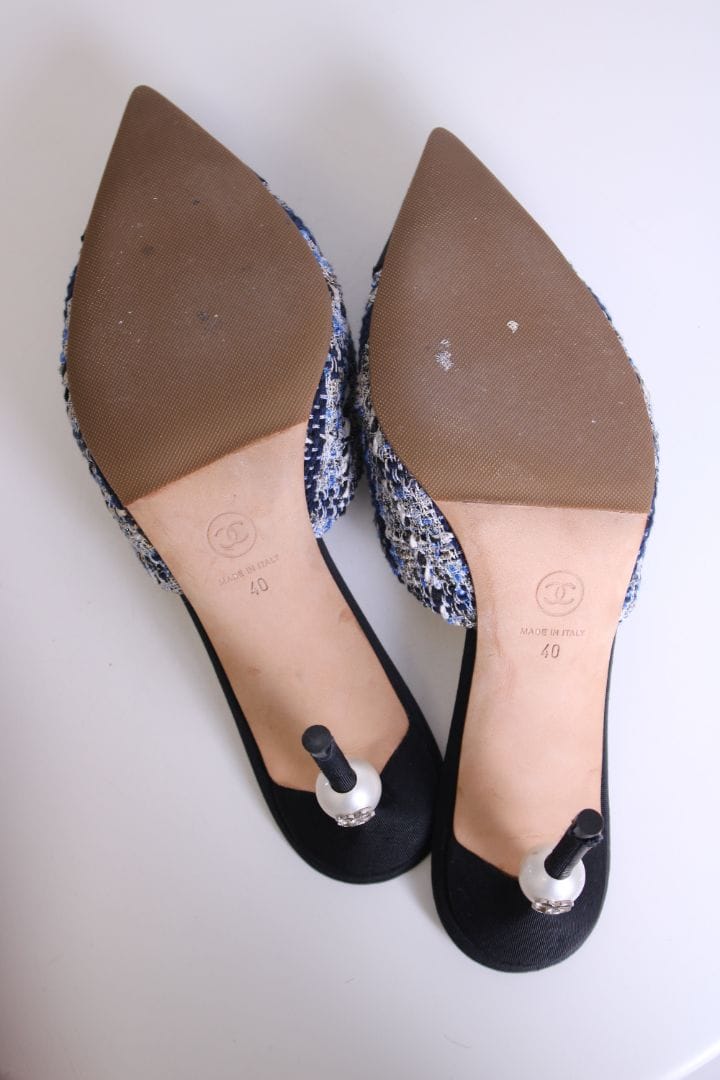 Chanel Chanel Tweed Pearl Heel Mules Navy/ Black 40