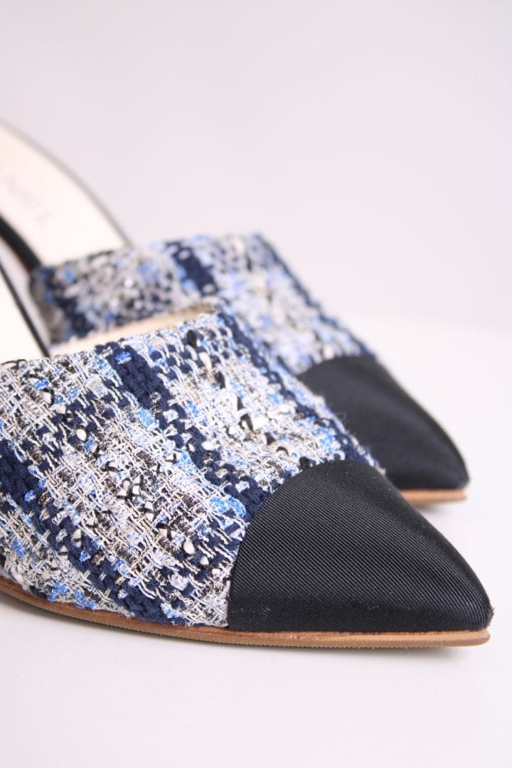 Chanel Chanel Tweed Pearl Heel Mules Navy/ Black 40