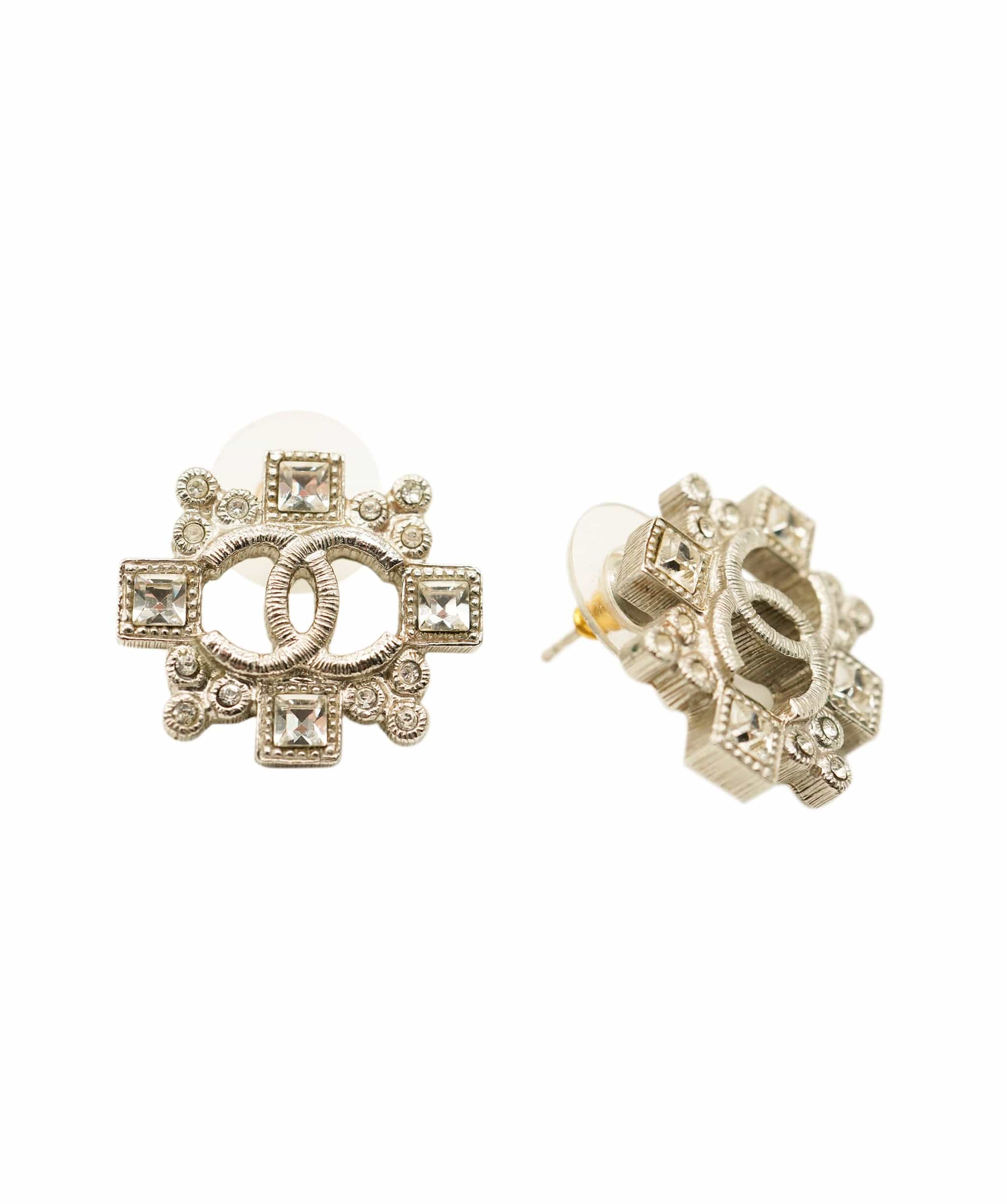 Chanel Chanel 2015 Silver Tone Crystal CC Stud Earrings ALC2303