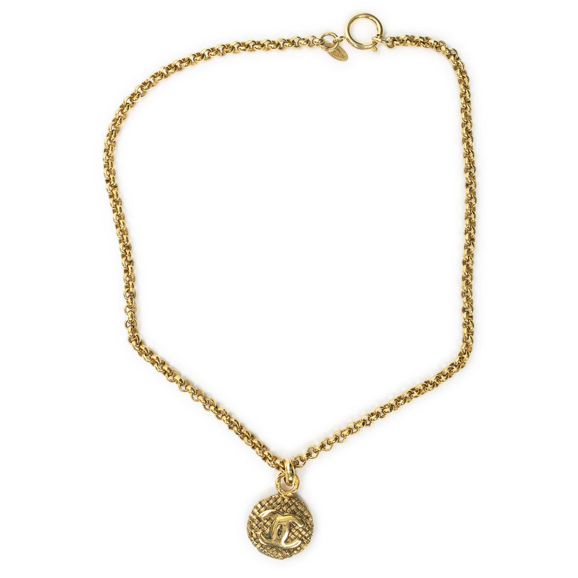 Chanel Chanel Gold Stainless Steel without Nickel CC Quilted Round Pendant ChainNecklace ABA4143