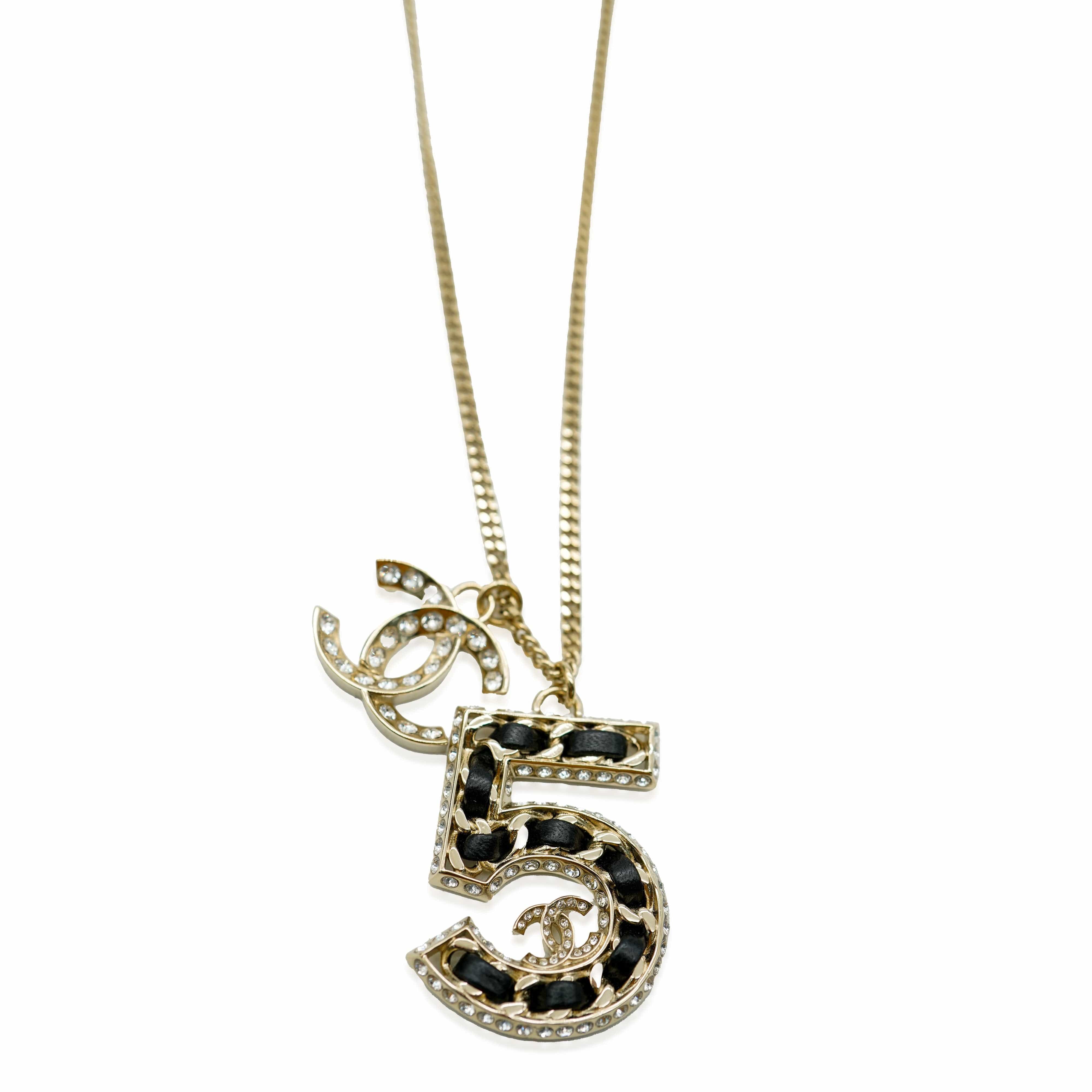Chanel Chanel 2023 No.5 Woven Chain Pendant WIth Strass CC And Leather Gold Plated