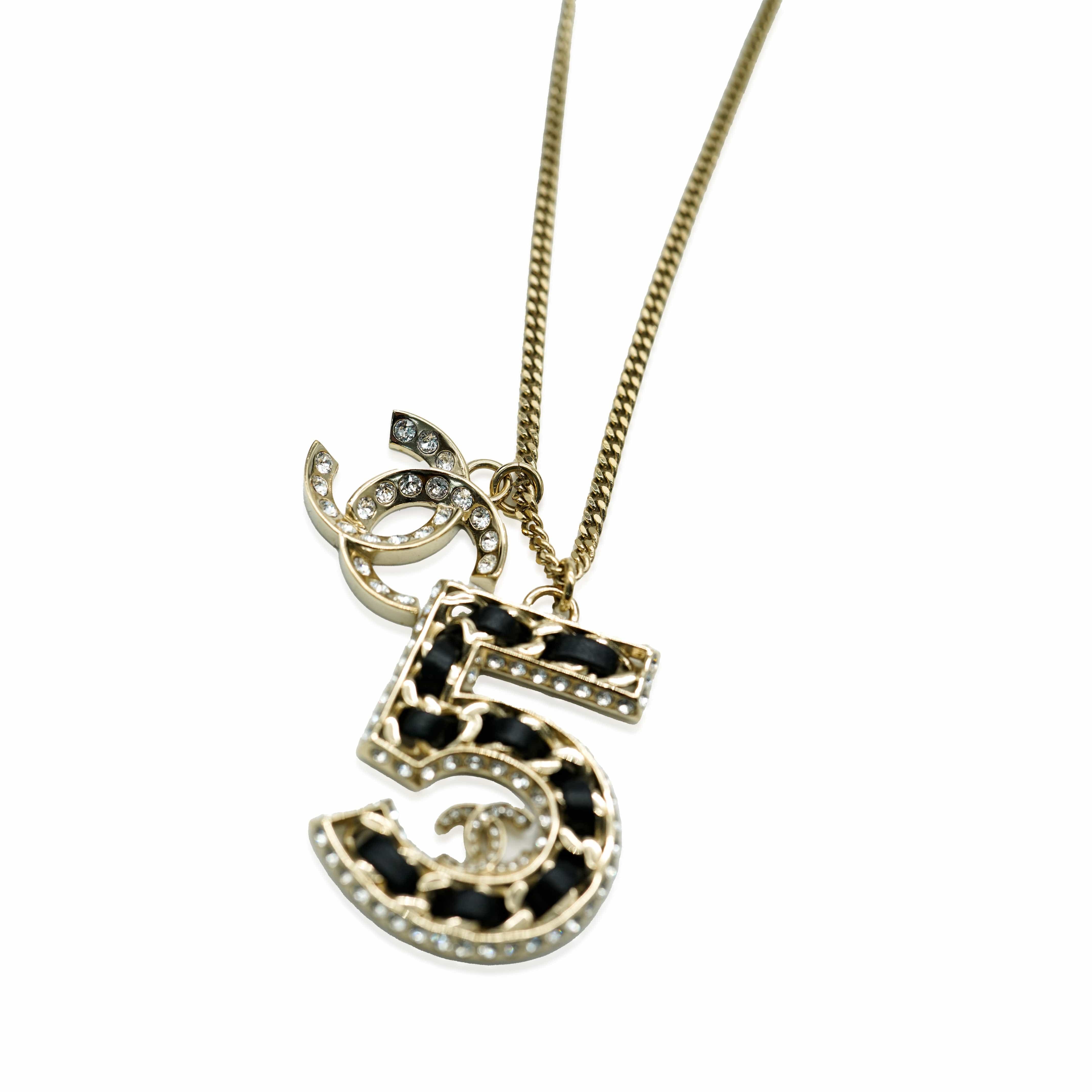 Chanel Chanel 2023 No.5 Woven Chain Pendant WIth Strass CC And Leather Gold Plated