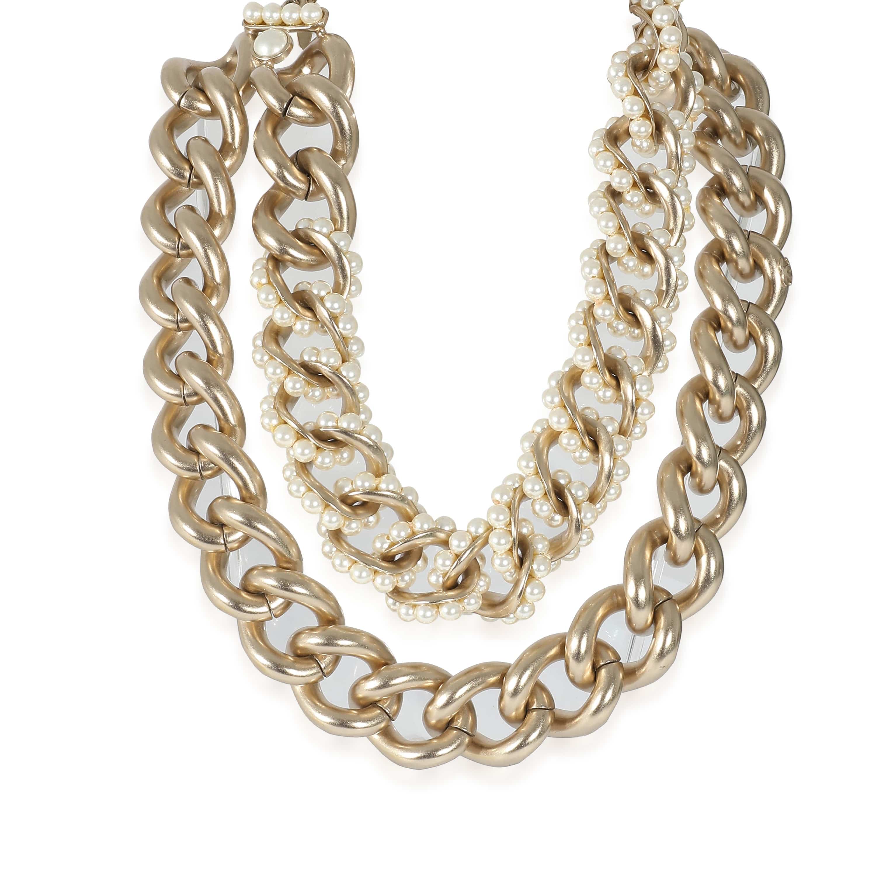 Gold Tone Chanel 2013 Double Curb Chain Choker With Faux Pearls