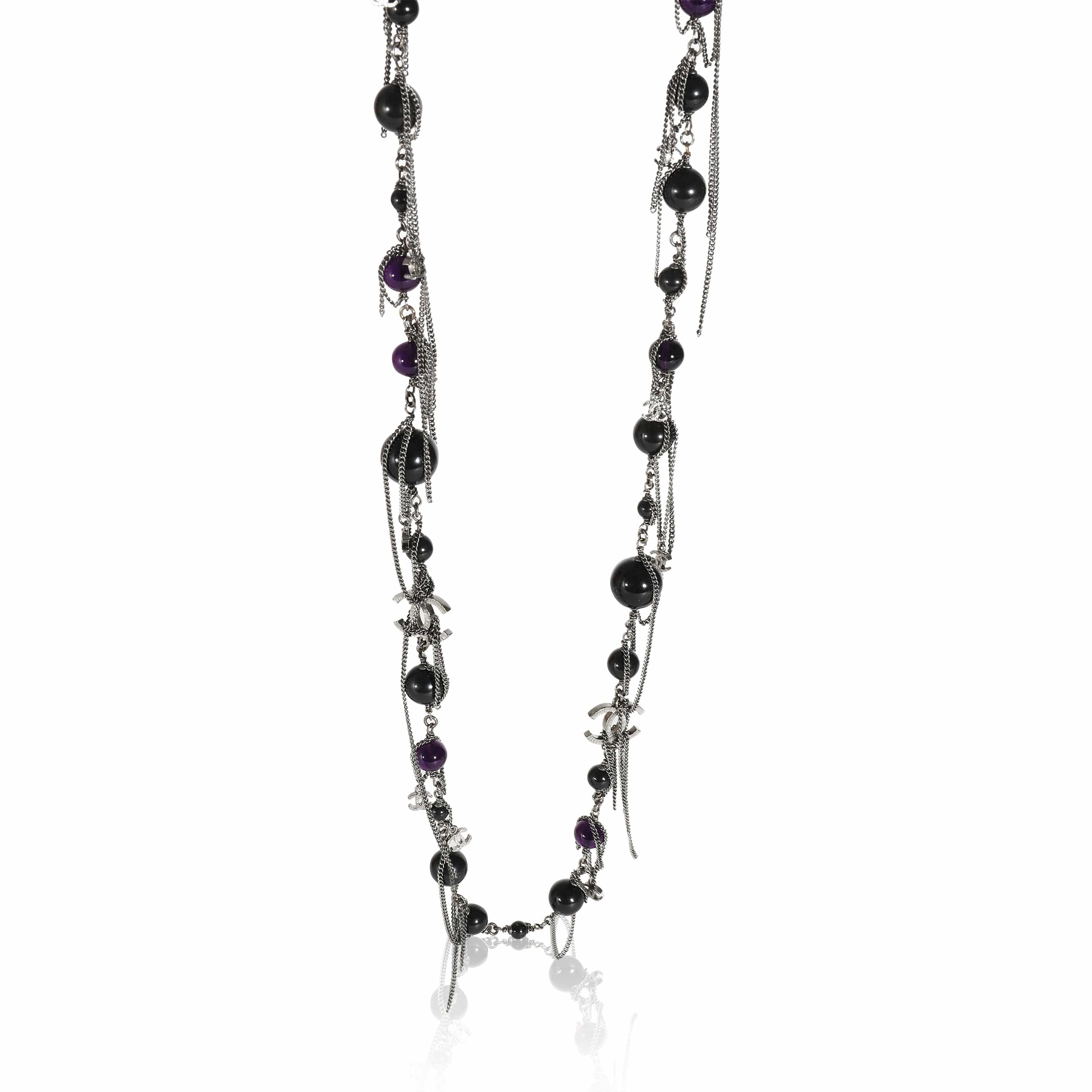 Chanel Ruthenium Chanel 2009 CC Black & Purple Bead Long Necklace With CC