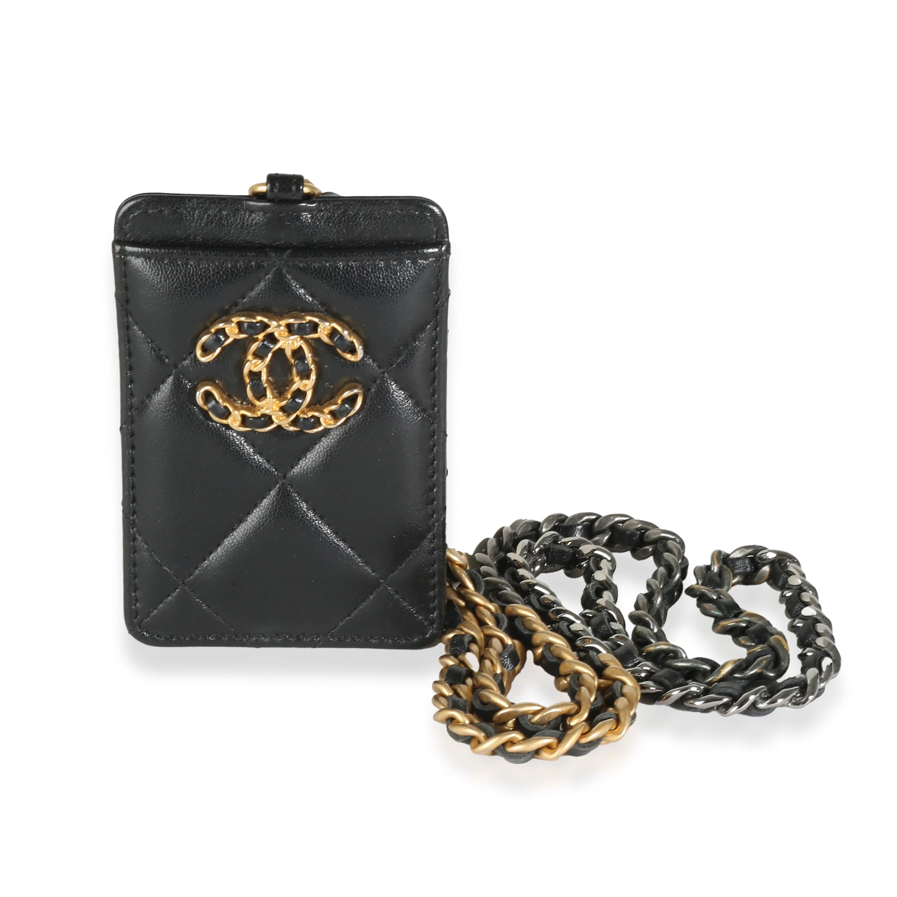 Chanel Black Quilted Goatskin Chanel 19 Card Holder On Chain