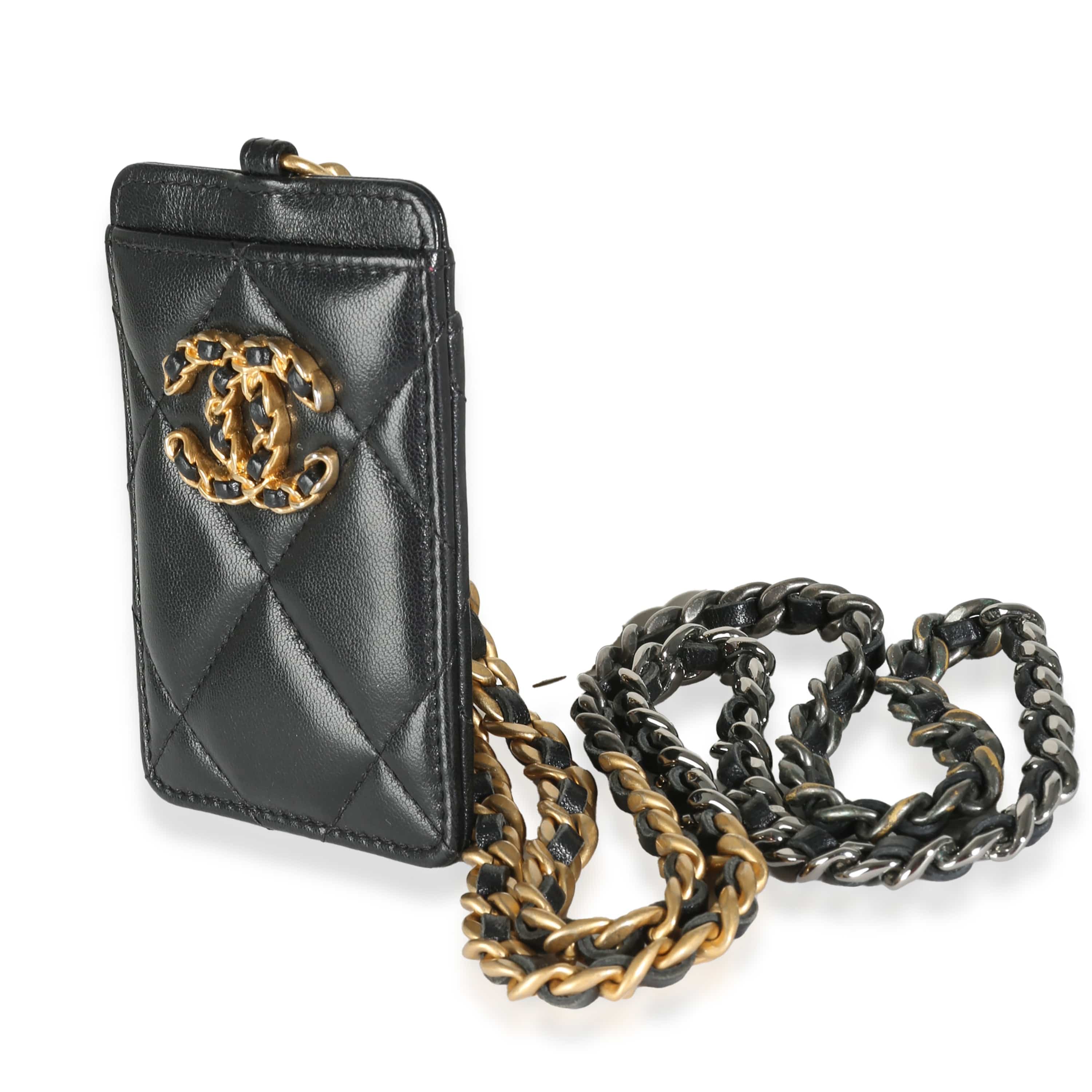 Chanel Black Quilted Goatskin Chanel 19 Card Holder On Chain