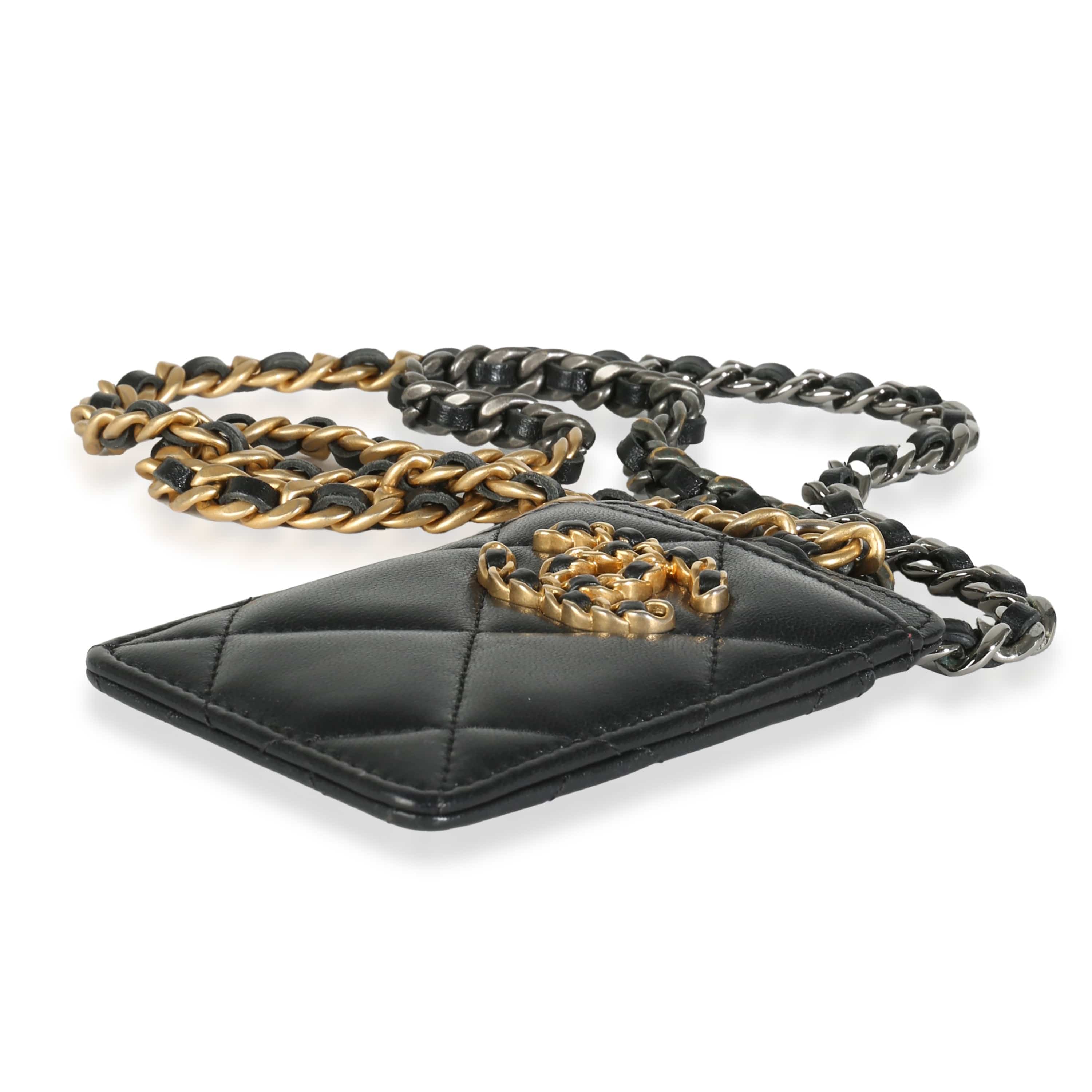 Chanel Black Quilted Goatskin Chanel 19 Card Holder On Chain