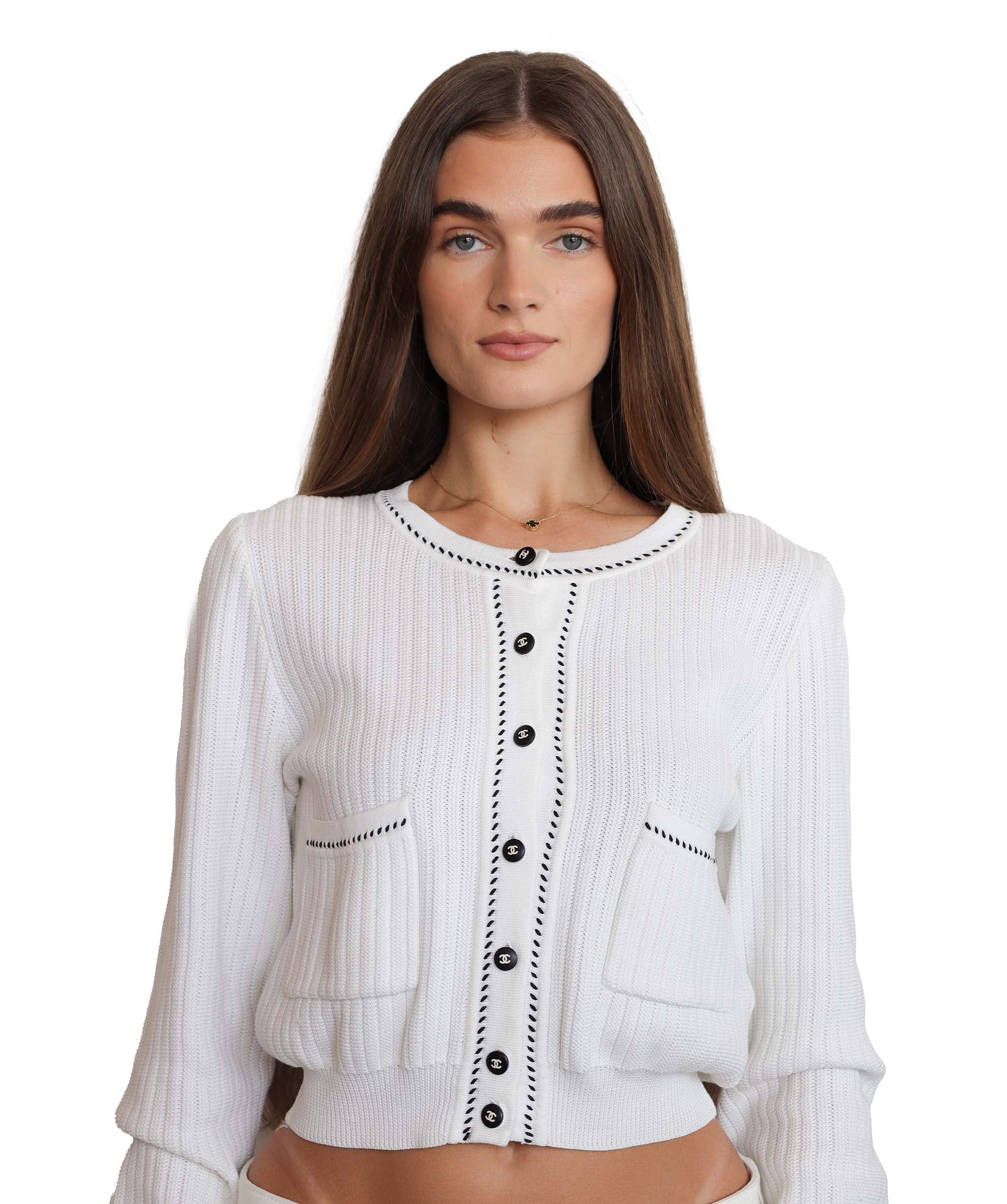 Chanel Chanel Logo Button Cardigan Stitch White Black DXBS1986