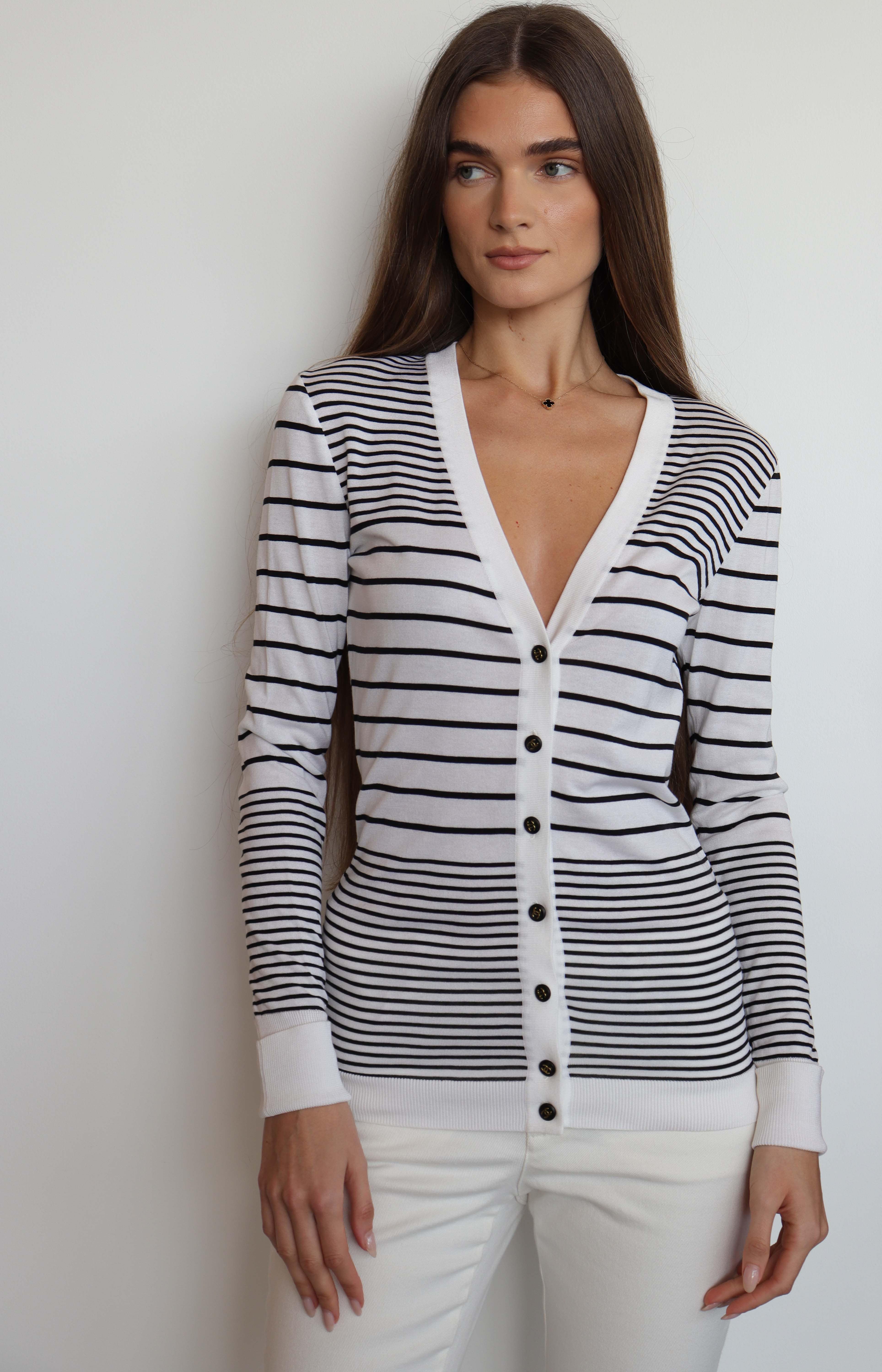 Chanel Chanel Logo Button Stripe Cardigan White Black DXBS2004