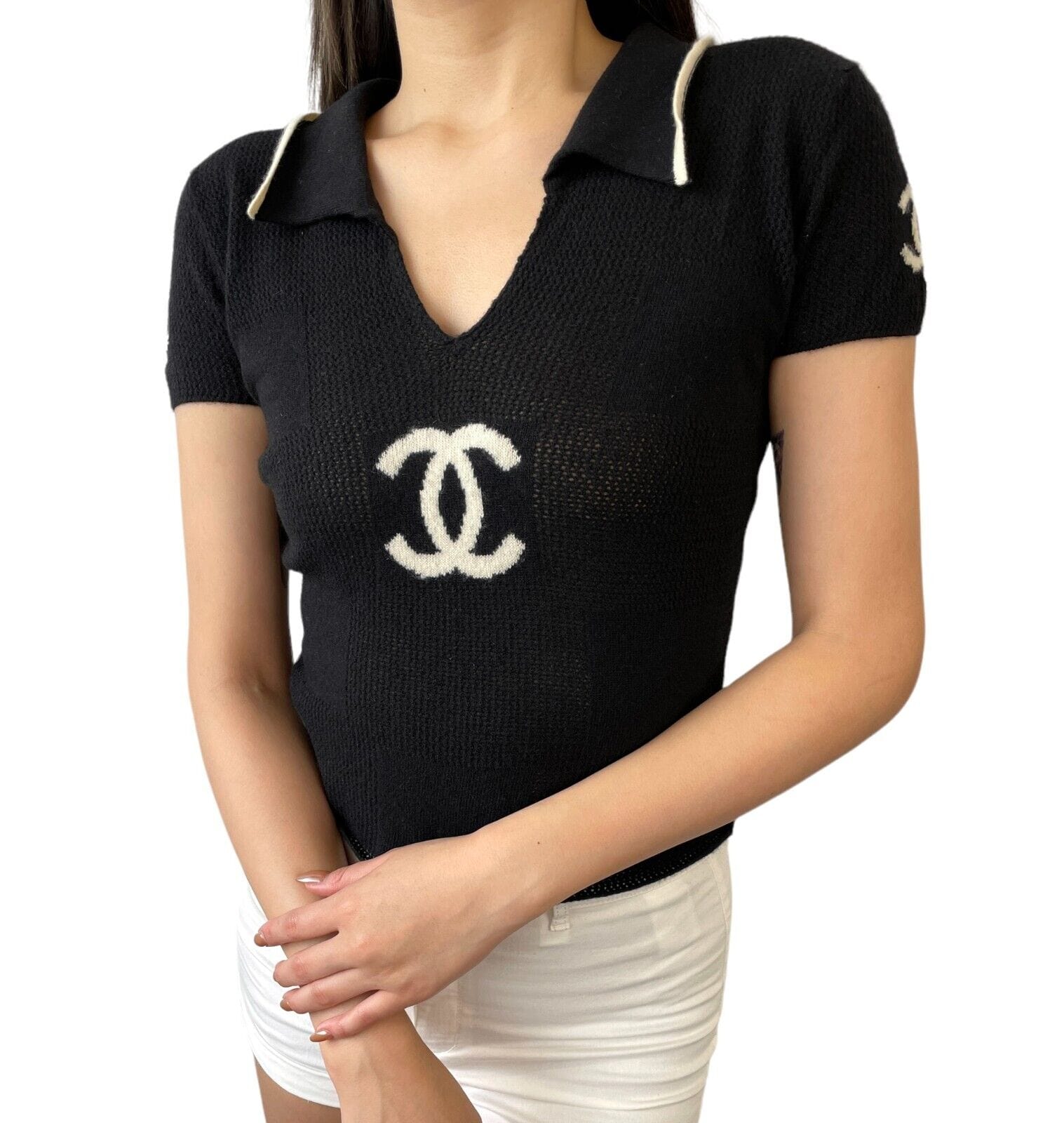 CHANEL CHANEL Vintage 01C CC Mark Logo Knit Polo Top #38 Black Cream Cashmere