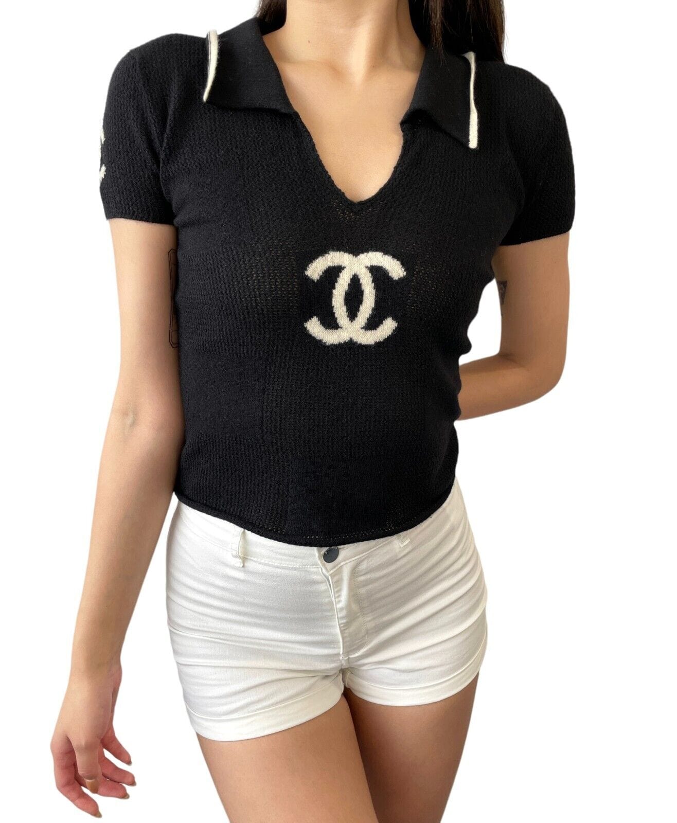 CHANEL CHANEL Vintage 01C CC Mark Logo Knit Polo Top #38 Black Cream Cashmere