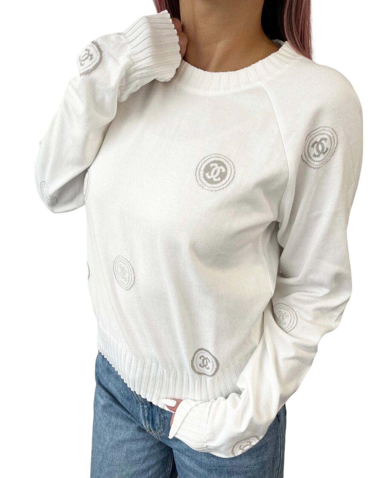 chanel CHANEL Vintage 01P CC Mark Stump Logo Knit Top #38 Long Sleeve White Cotton