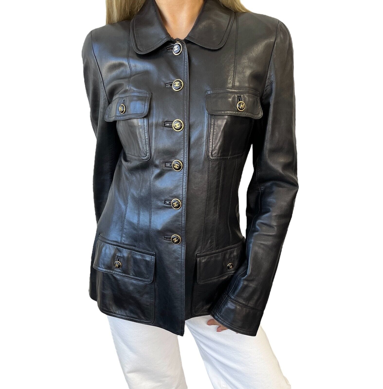 超レア 95P Vintage シャネル ジャケット 40 ココマークボタン CHANEL シャネル ココシャネルボタン ツイード ノーカラー