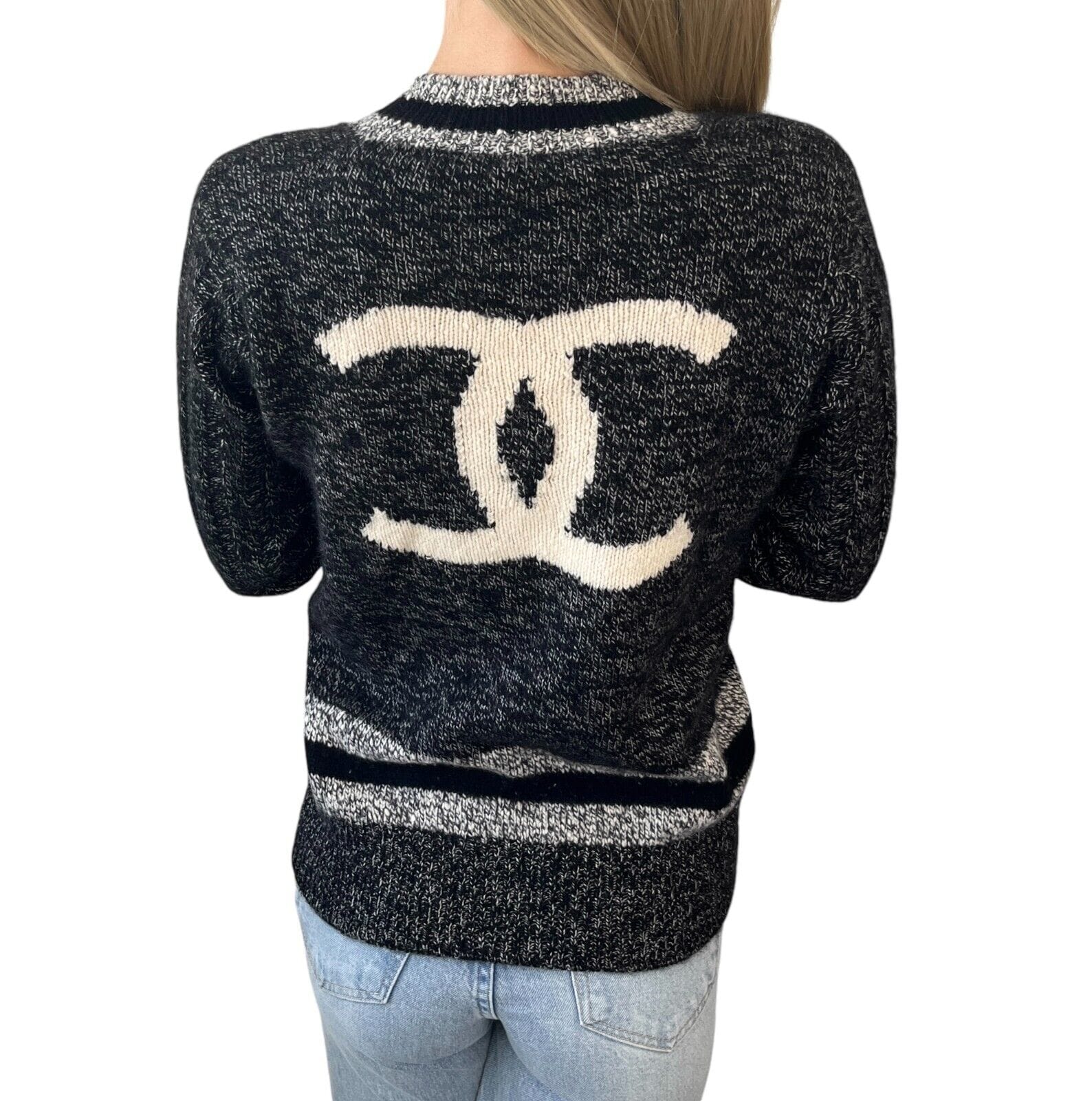 chanel CHANEL Vintage 96A CC Mark Logo Long Sleeve Sweater #42 Gray Black Cashmere