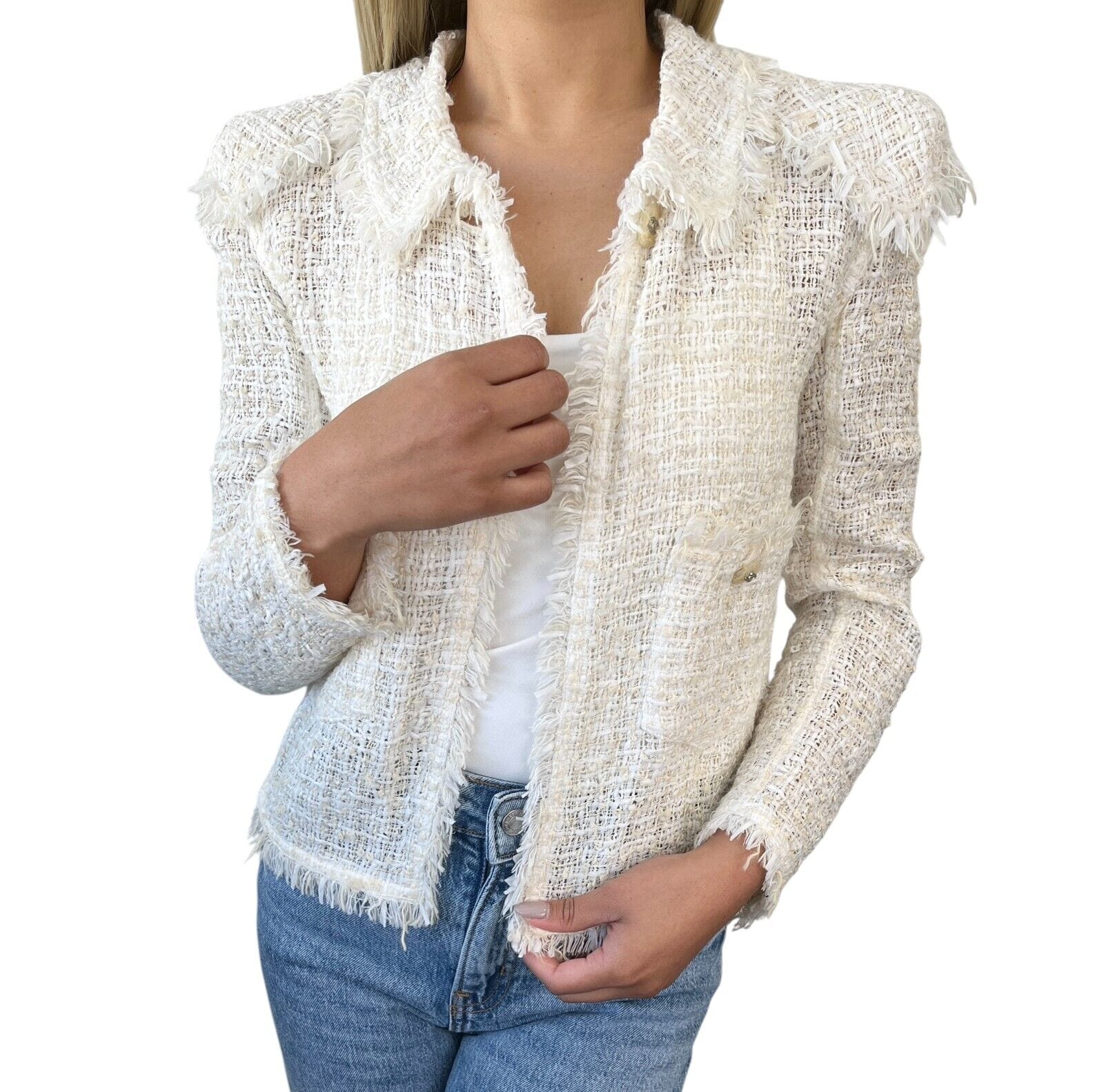 CHANEL CHANEL Vintage 98P CC Mark Logo Tweed Jacket #38 White Button Rayon