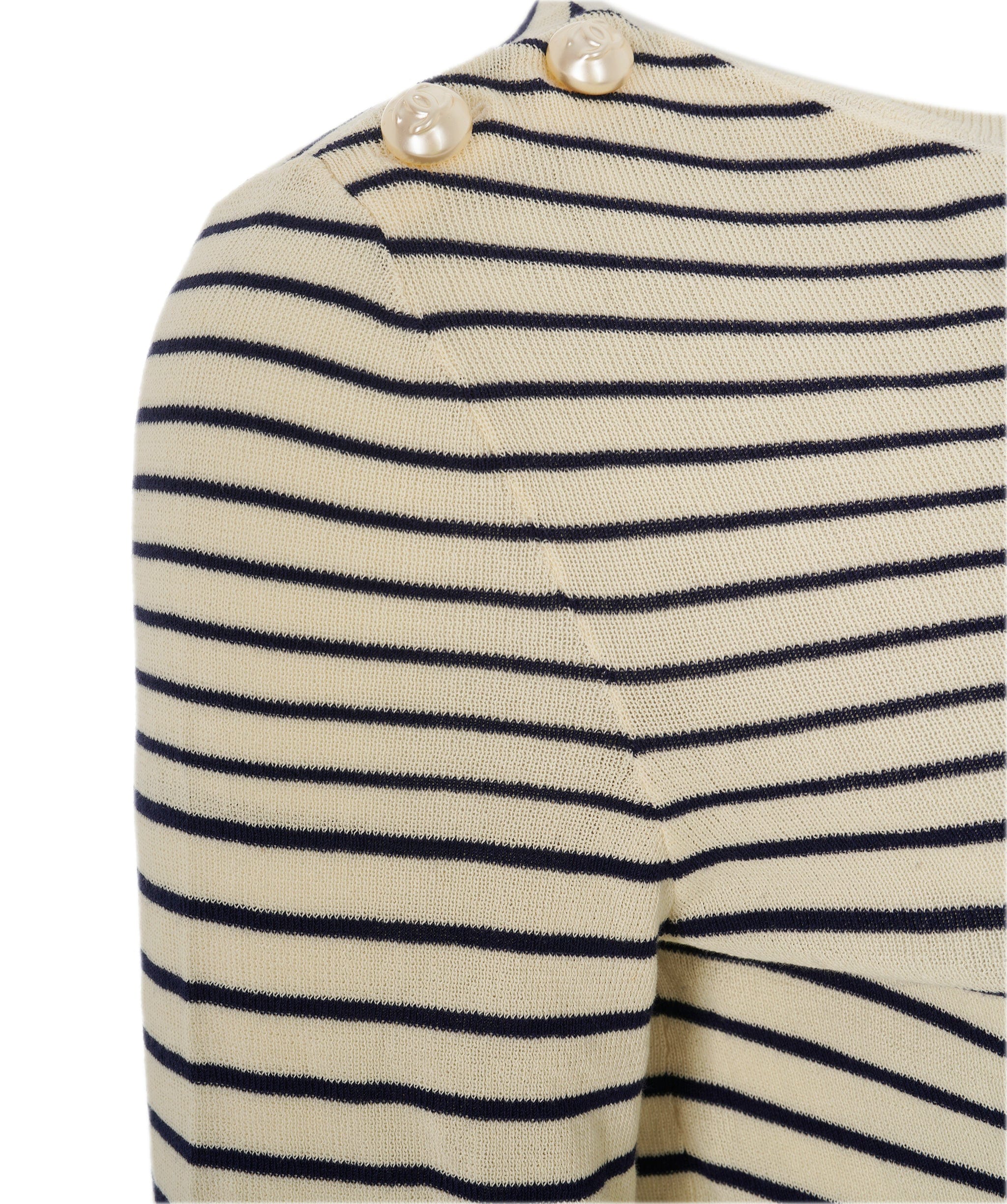 Chanel Chanel 17 Cream & Navy Striped Pearl CC Fine Knit Boat Neck Dress ALC1857