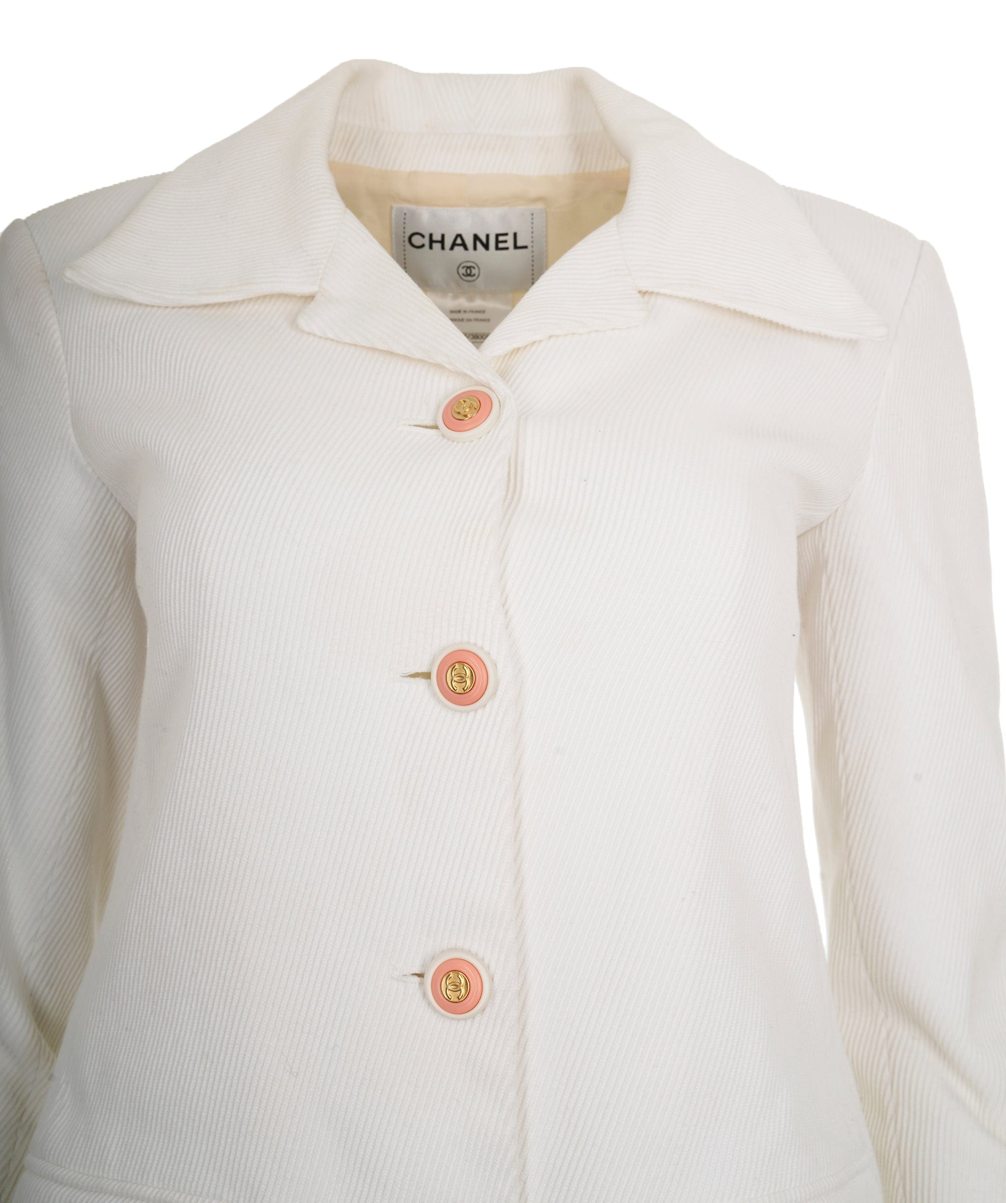 Chanel Chanel 2015 White Cotton CC Ribbed Blazer Jacket FR40 AGC2202
