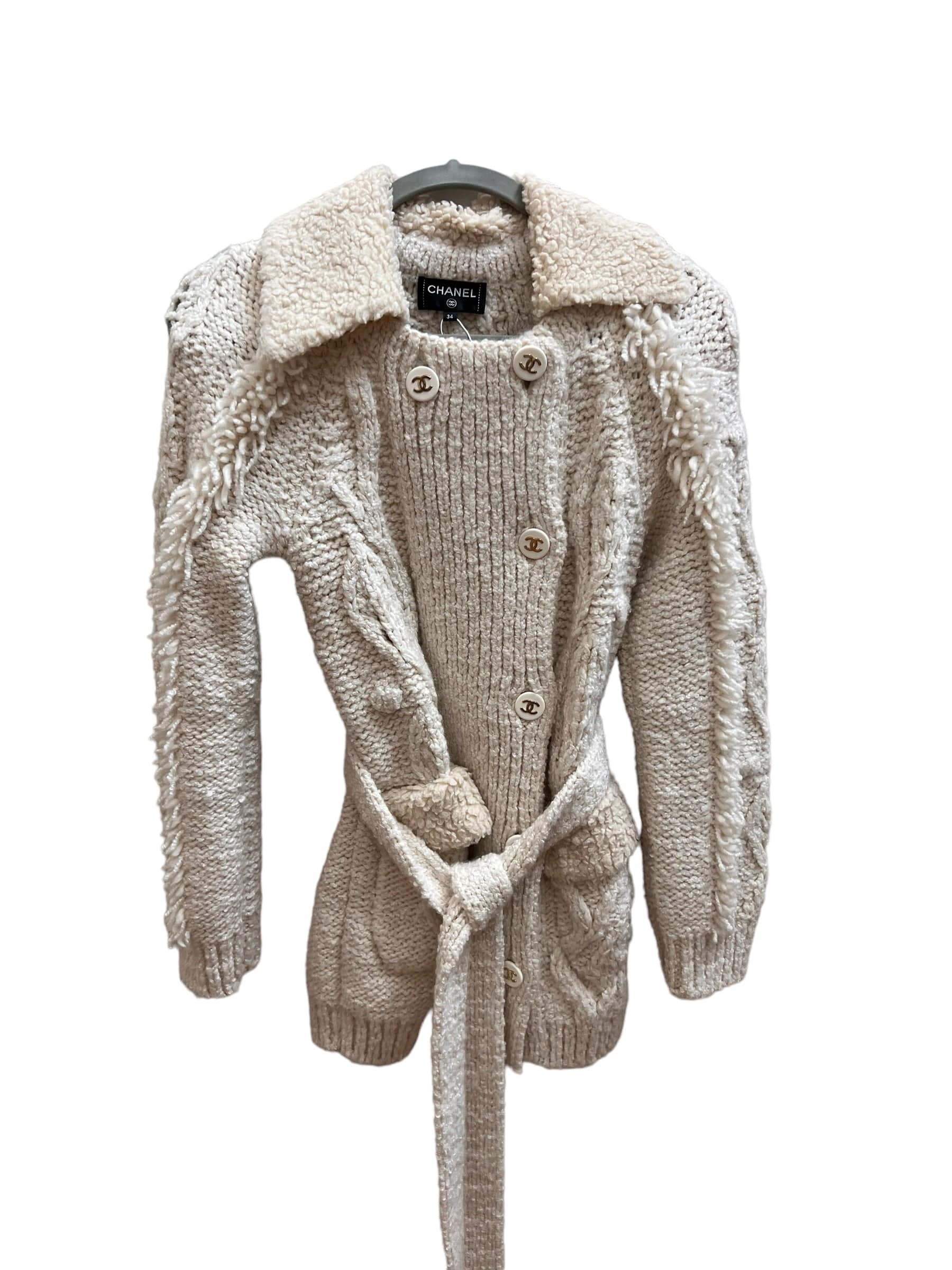 Chanel Chanel 2018 Coco Neige Shearling Crochet Cardigan with Belt