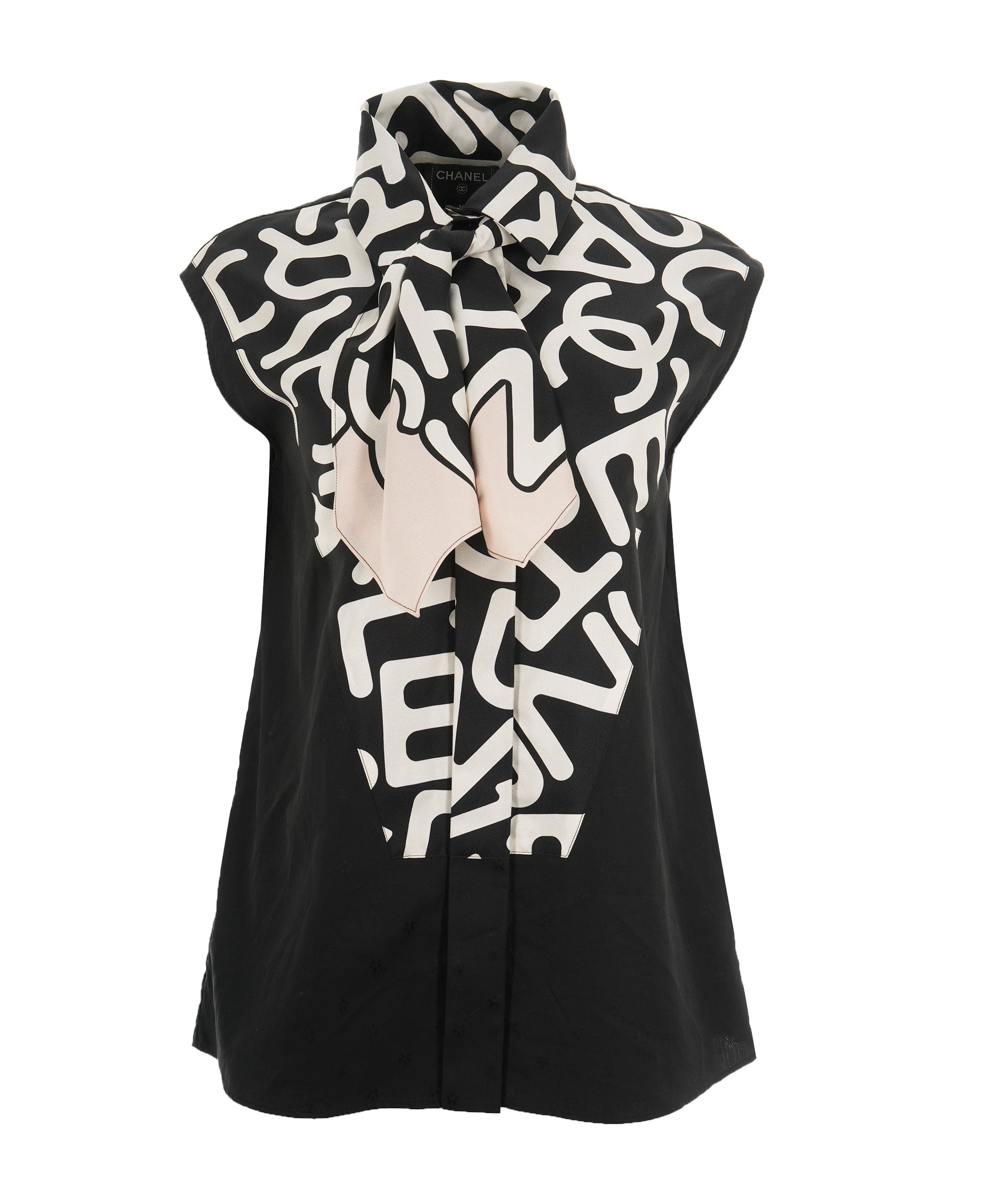 Chanel Chanel 21 Black & White Silk CC Logo Necktie Sleeveless Blouse ALL0792