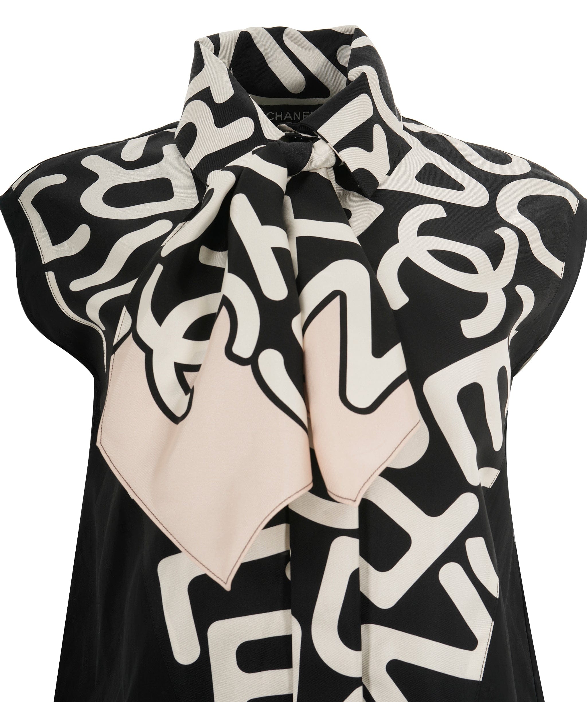 Chanel Chanel 21 Black & White Silk CC Logo Necktie Sleeveless Blouse ALL0792