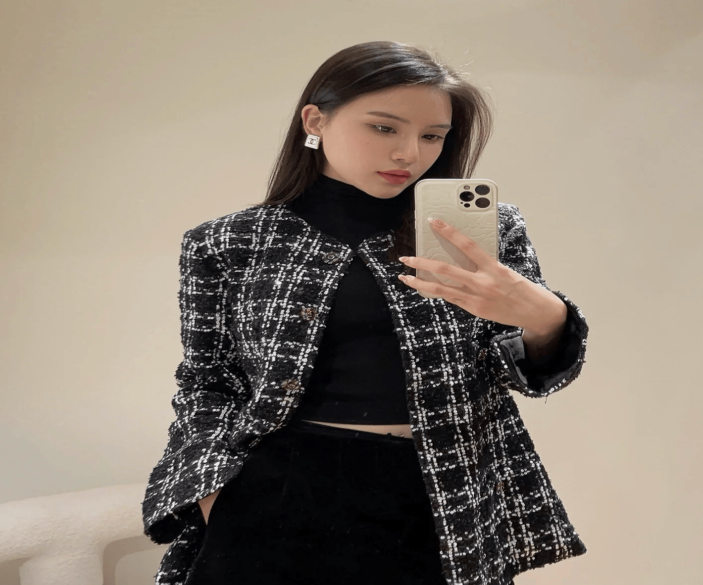 Chanel Chanel 22K black and white check sequined rhinestone button tweed jacket / size 36 / brand new with original tags / 35673 SGC35673
