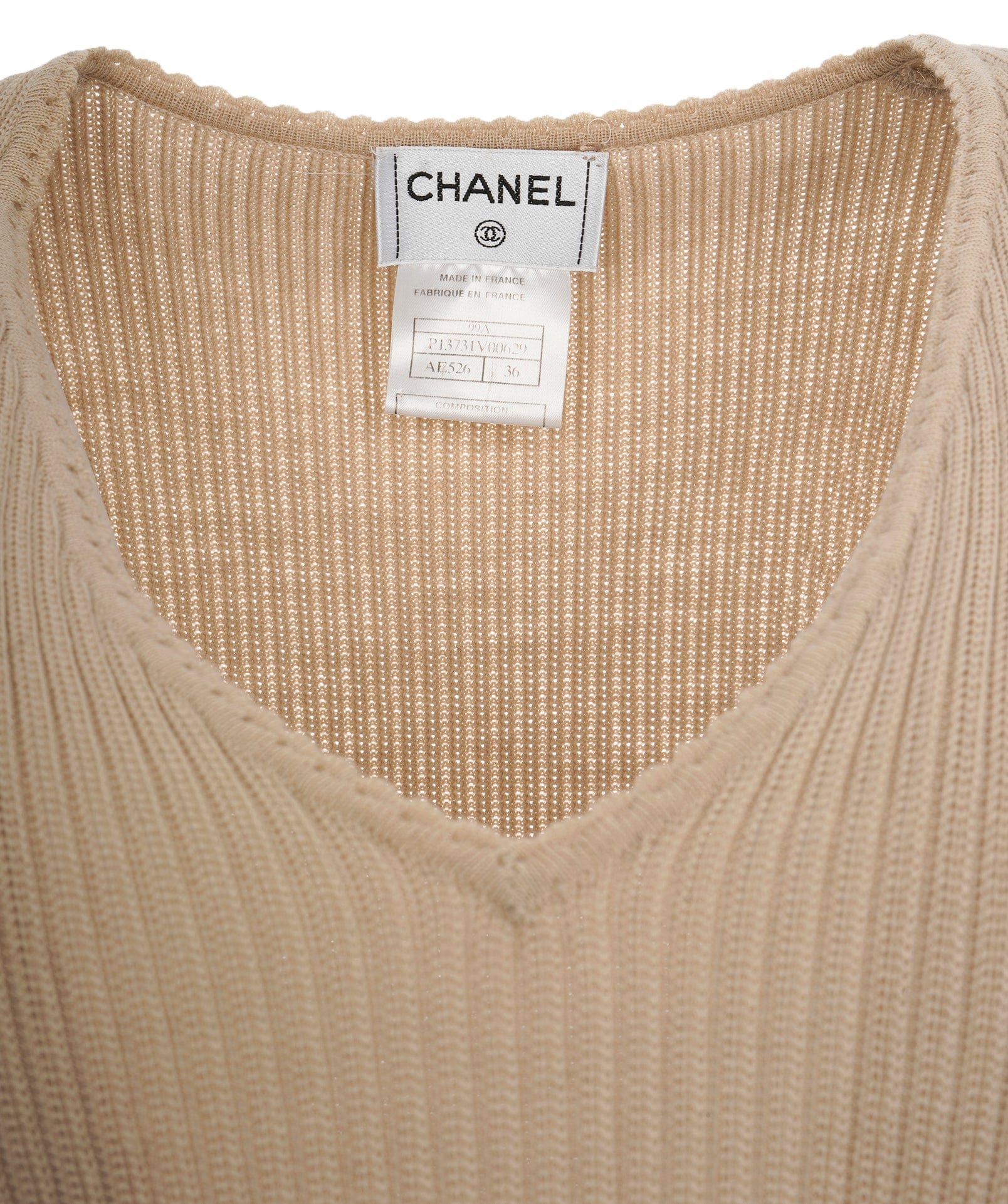 Chanel Chanel 99A Logo Pin Ribbed Vest Beige ASL10439