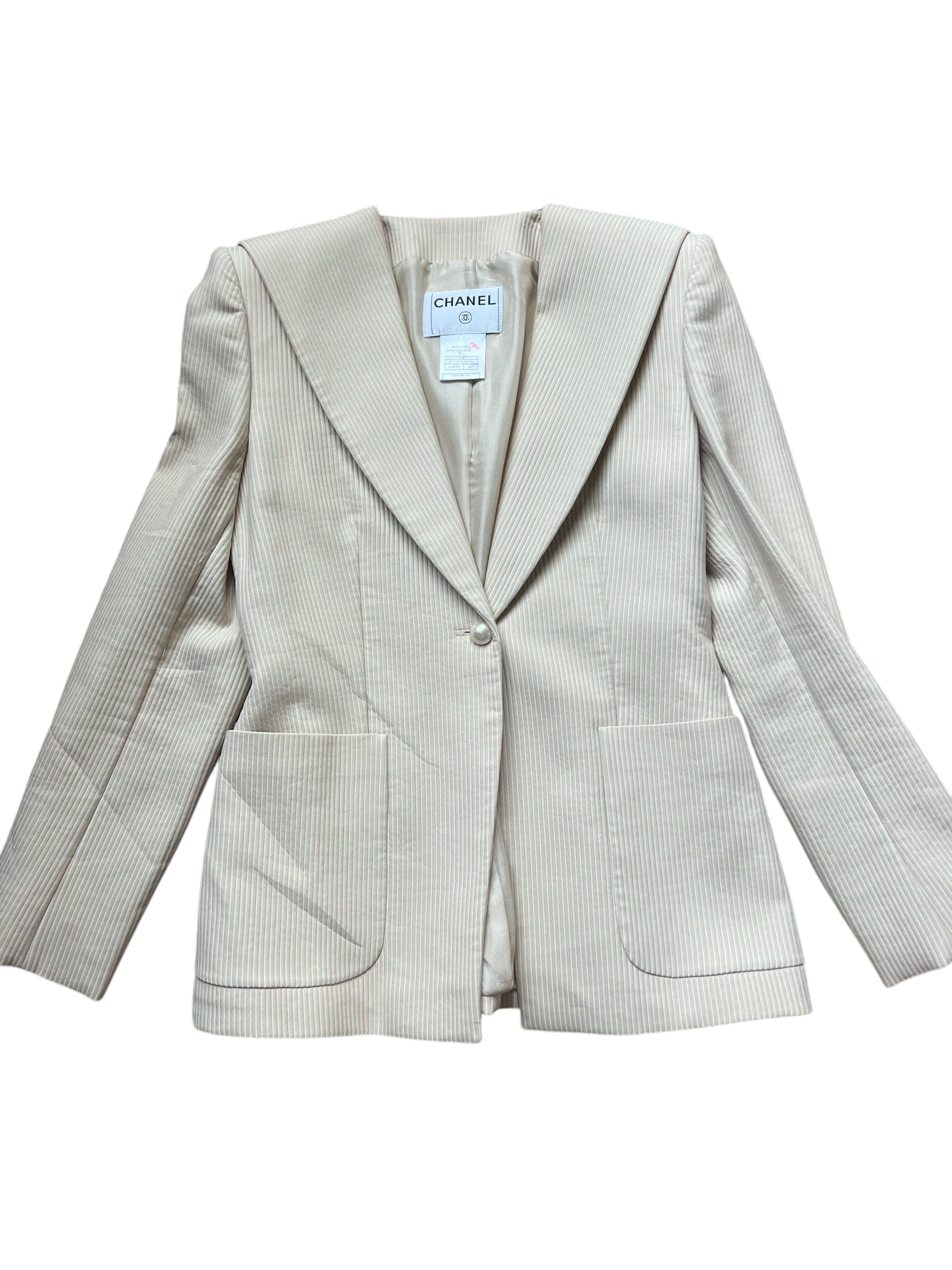 Chanel Chanel Beige Pinstripe Suit with Pearl Buttons AVC2146