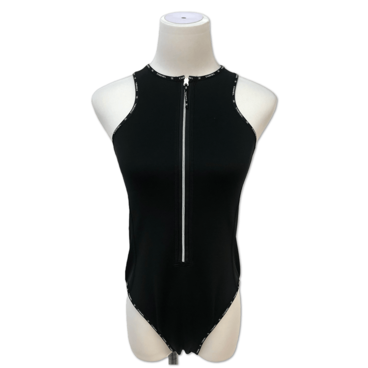 Chanel Chanel Black Logo-Trim Zip-Front Bodysuit Swimsut size 36 C18244962815