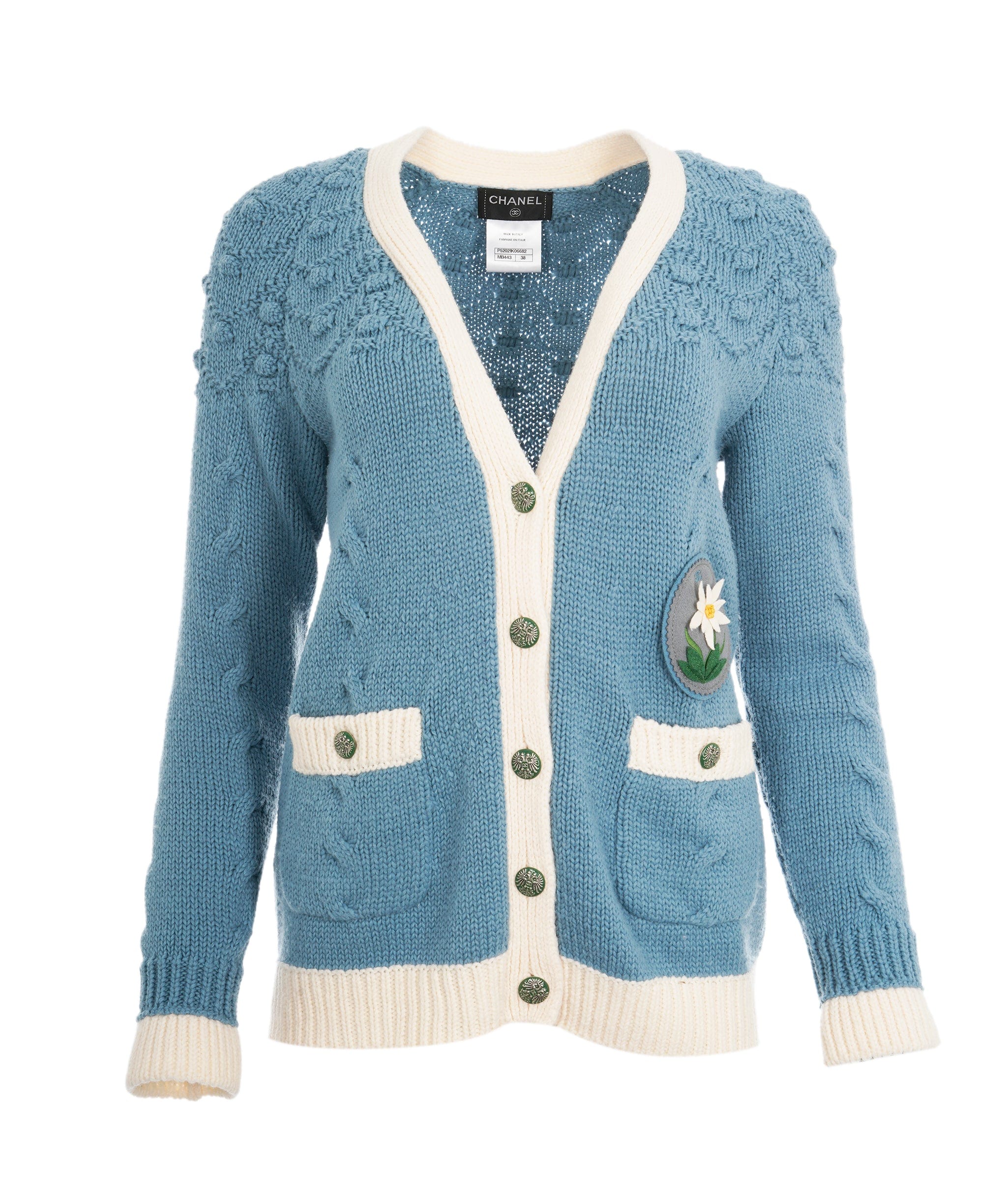 Chanel Chanel Blue Cardigan with Floral Patch UKL1395