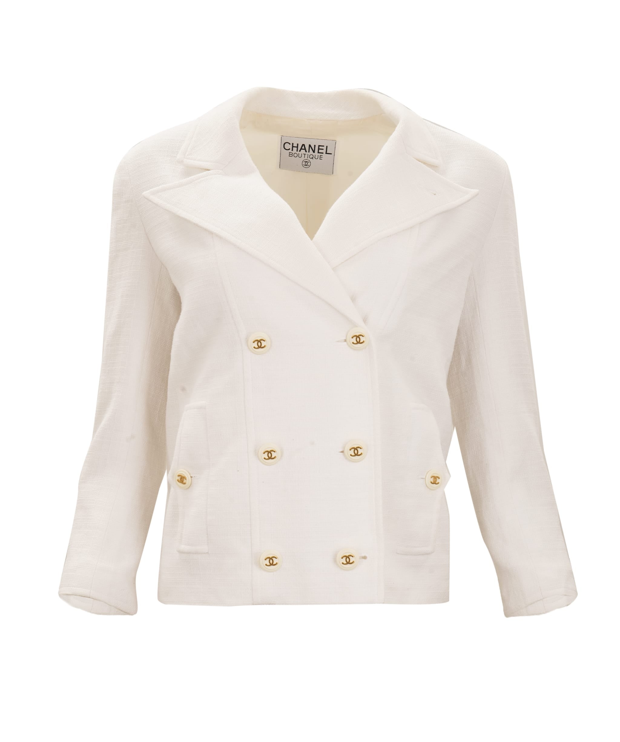 Chanel Chanel Boutique Double Breasted White Tweed Jacket with Gold CC Buttons Fits 36/38 ALTC1005