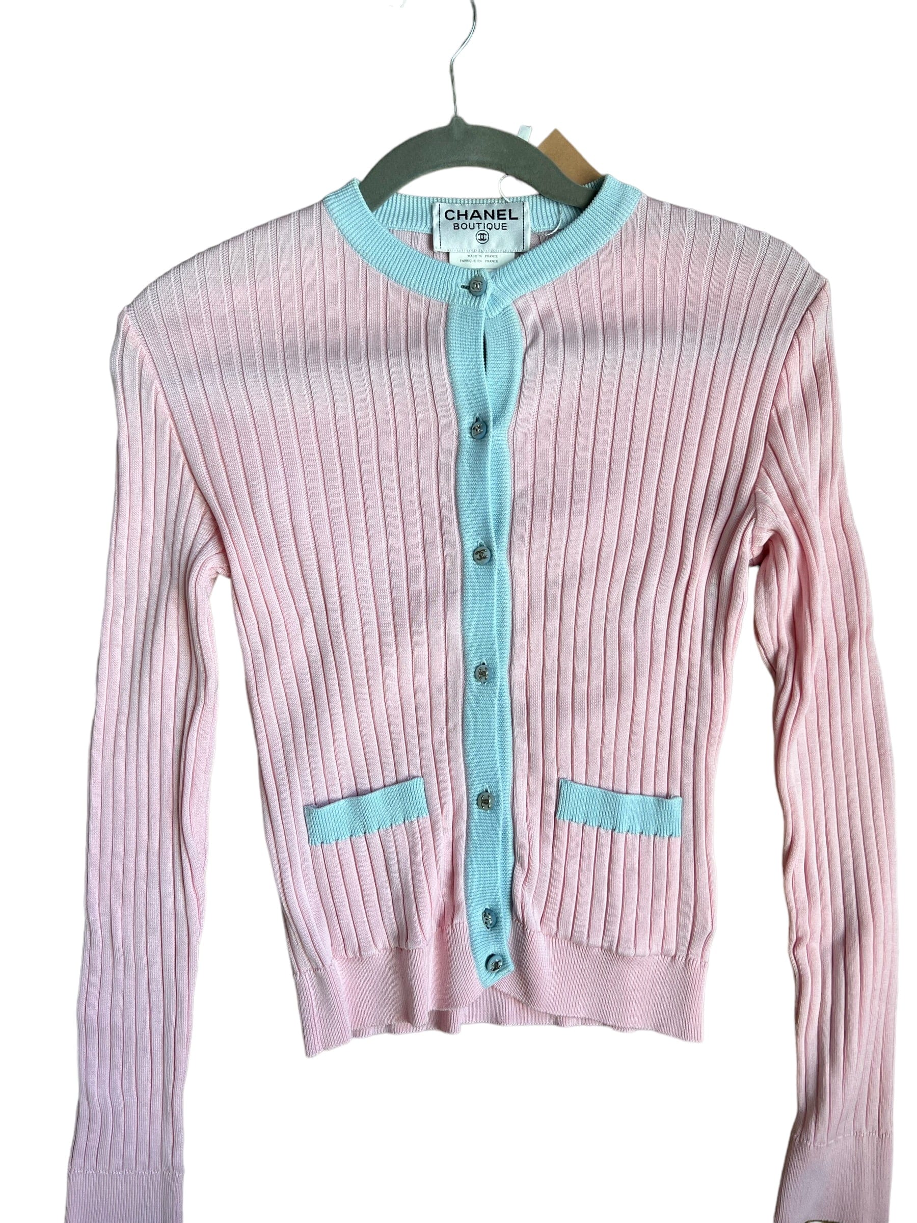 Chanel Chanel CC Button Rib Cardigan Pink Blue - ASL10660