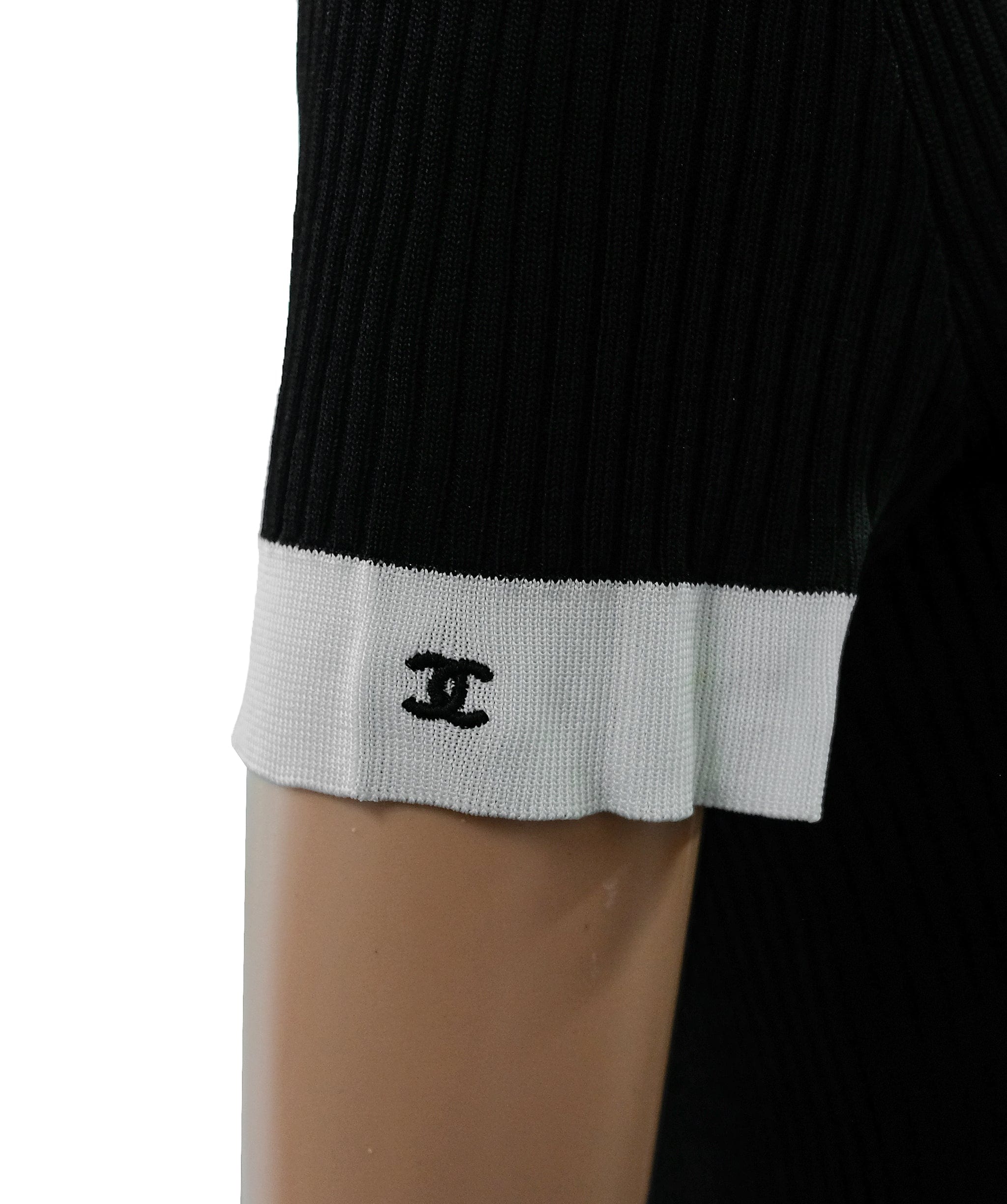 Chanel Chanel CC Sleeve Ribbed Dress Black White #42 ASL10426